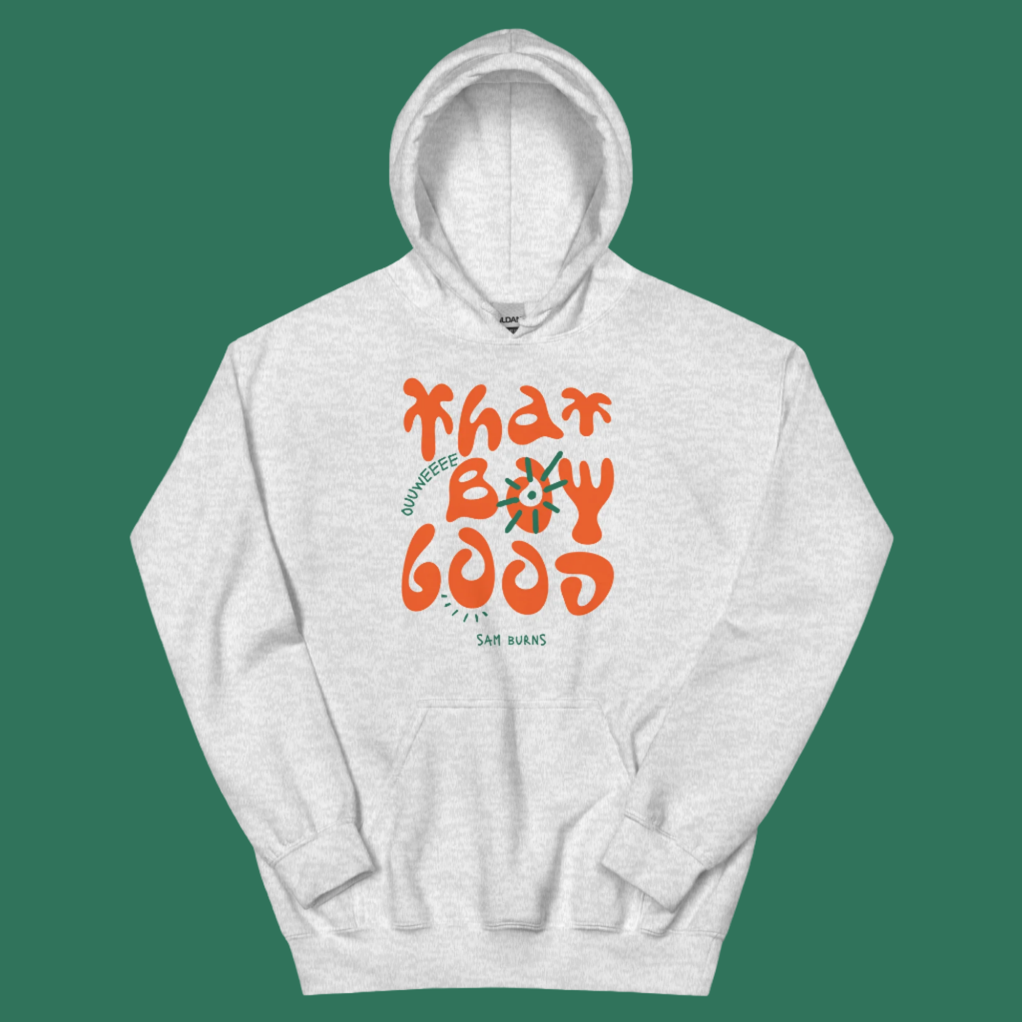 "That Boy Good" Sam Burns comedy merch collection featuring retro orange typography on a heather grey hoodie - custom creator merchandise perfect for comedian and content creator apparel lines