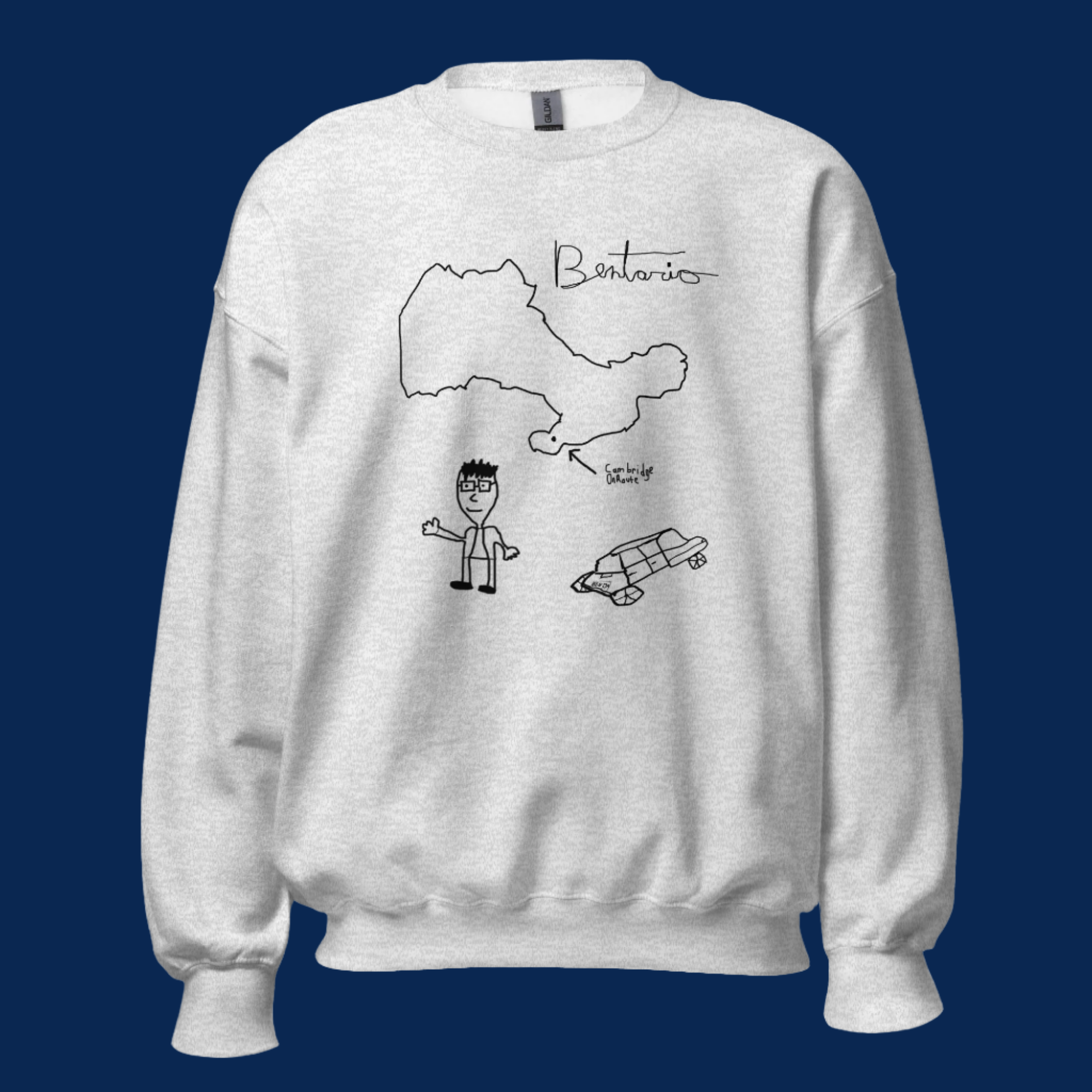 Custom creator merch heather grey sweatshirt featuring hand-drawn Bentario design with stick figure character and road trip inspired bar illustration - perfect comedy merch for content creators