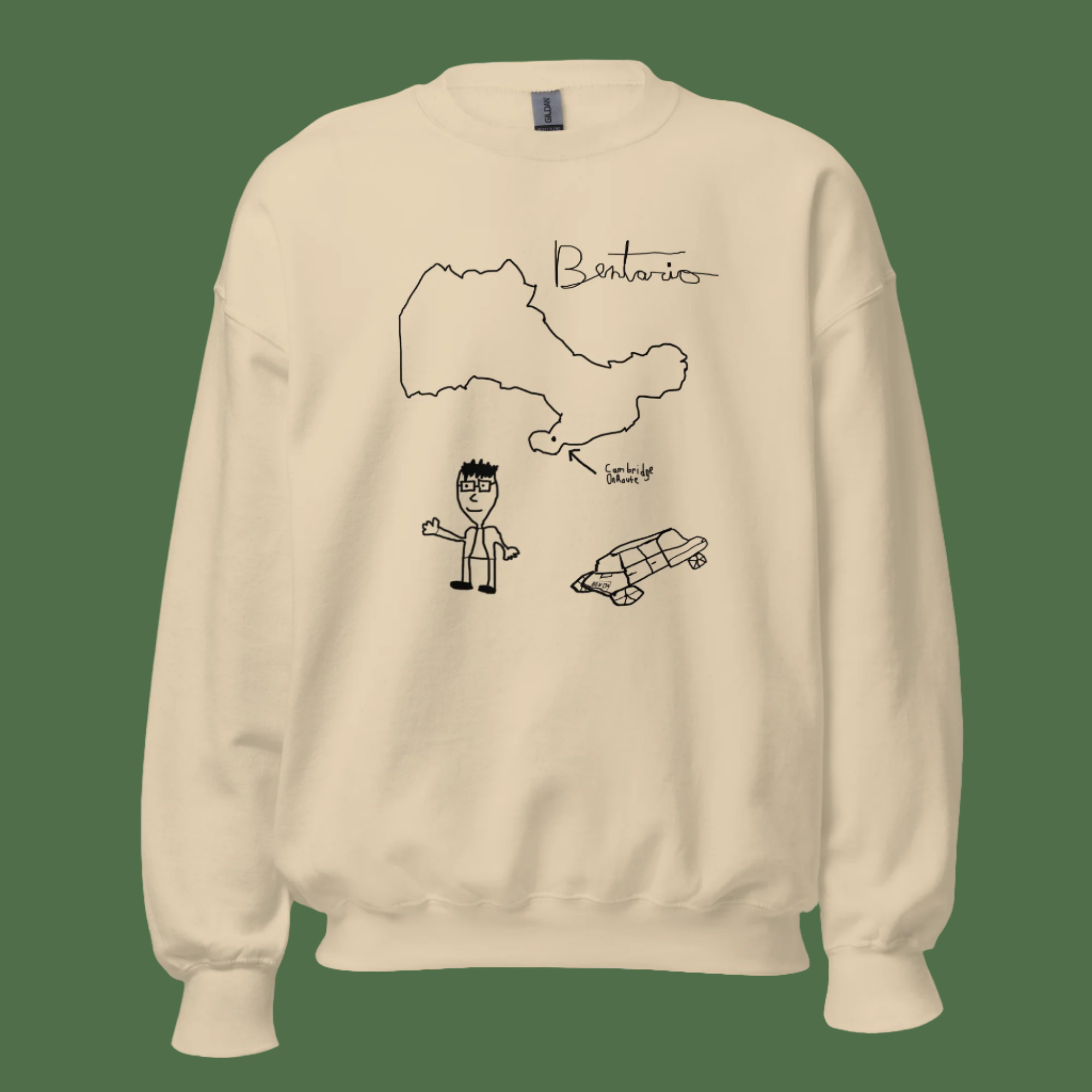 Custom comedy merch sweatshirt in beige featuring playful Bentario branding with hand-drawn character and road trip graphics - Ben Stager inspired design