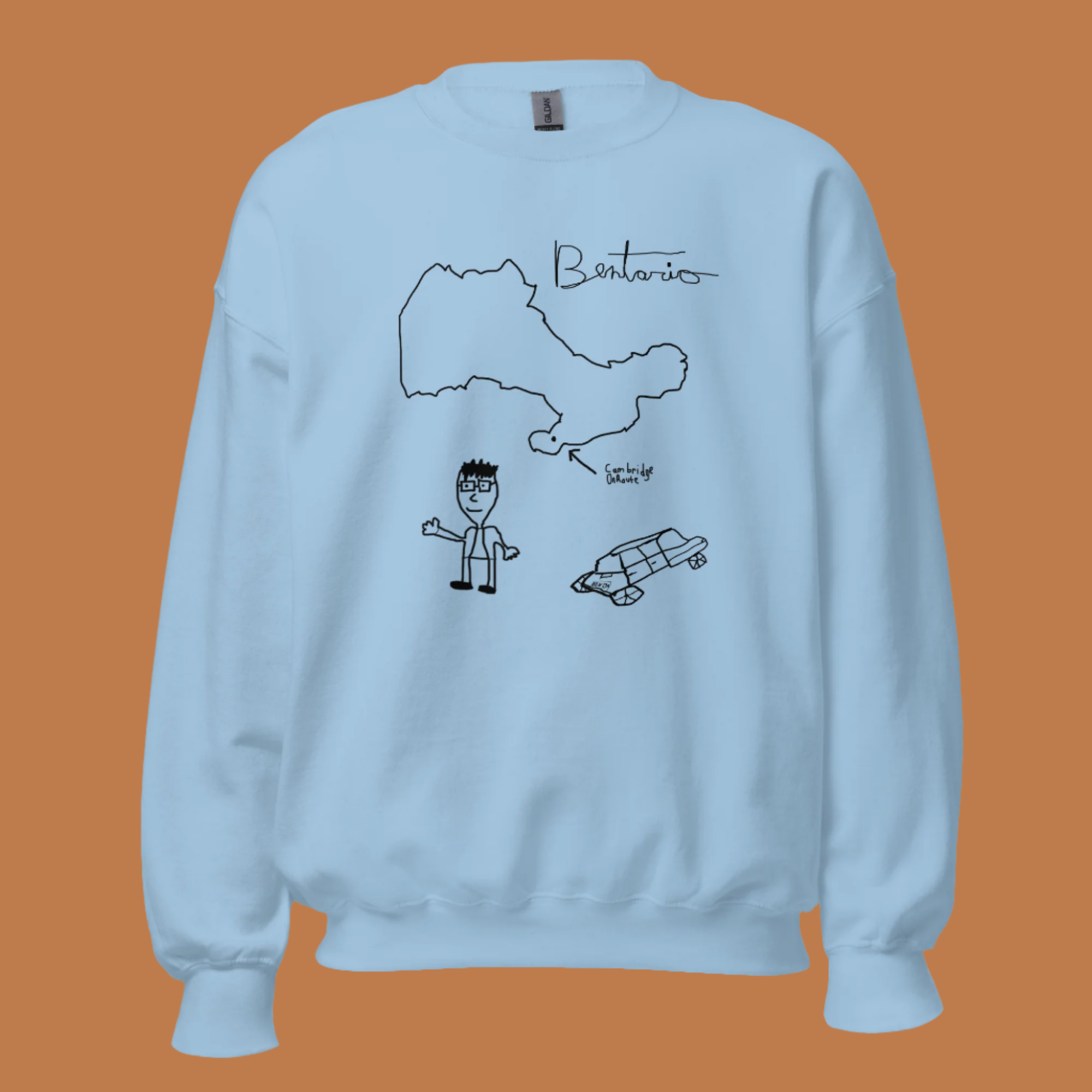 Blue crewneck sweatshirt showcasing original Bentario artwork including stick figure mascot and car illustration - trending creator merch for comedy channels