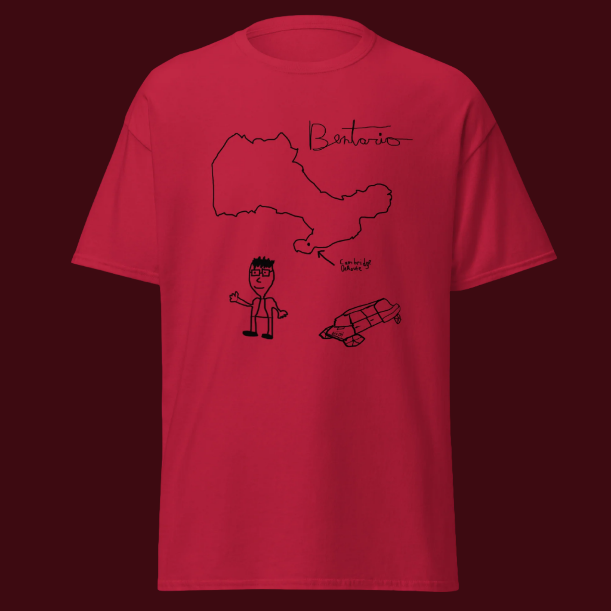 Red tee Bentario merch featuring original line art illustrations - premium creator merch for comedy and entertainment brands