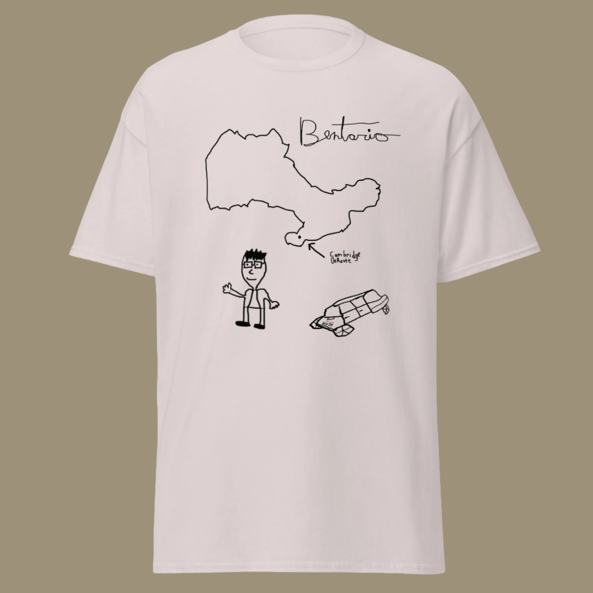 Beige Ben Stager tee with minimalist black line drawings - perfect custom merch for building brand recognition and fan loyalty
