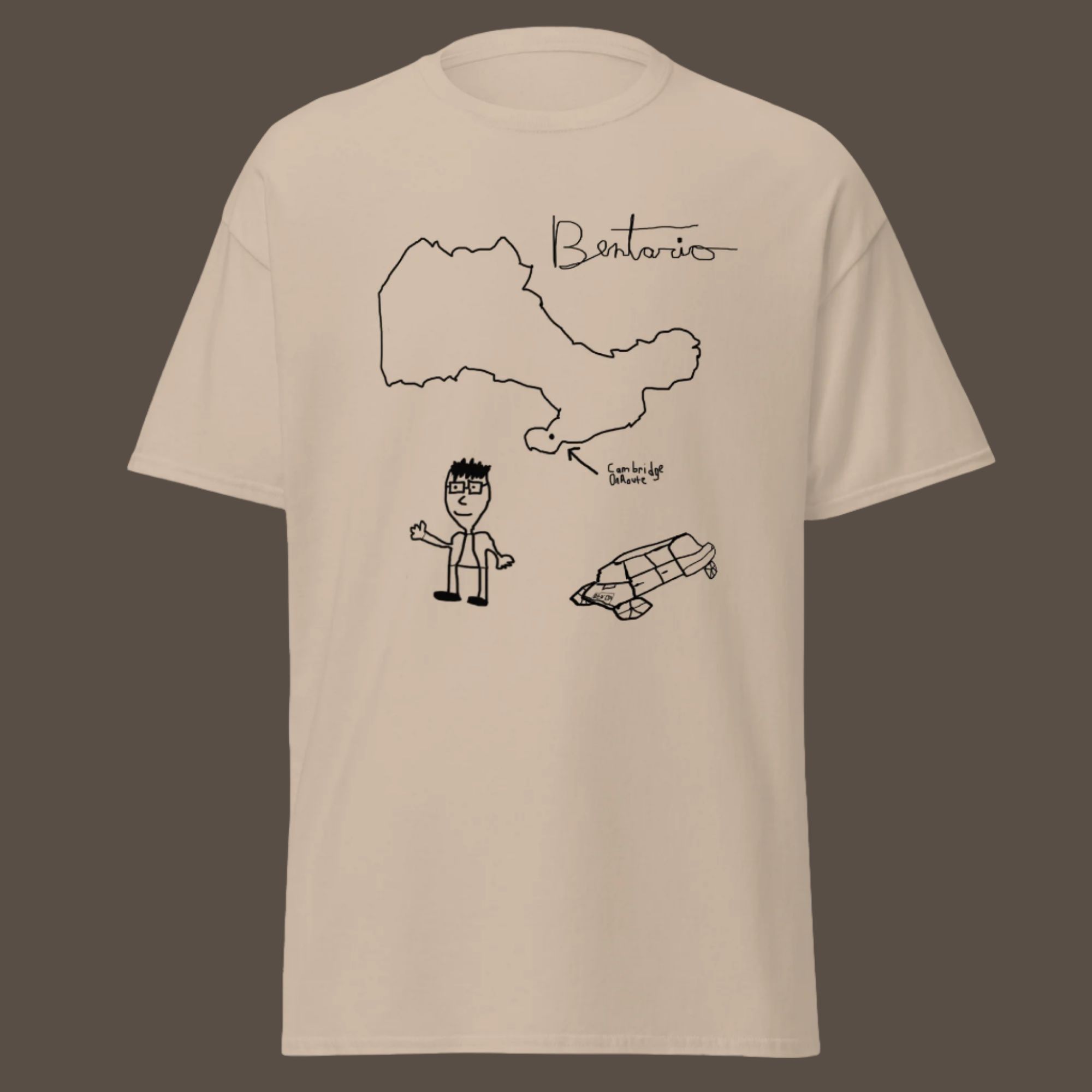 Creator merchandise beige teewith unique Bentario design - perfect custom merch solution for content creators launching their brand like Ben Stager