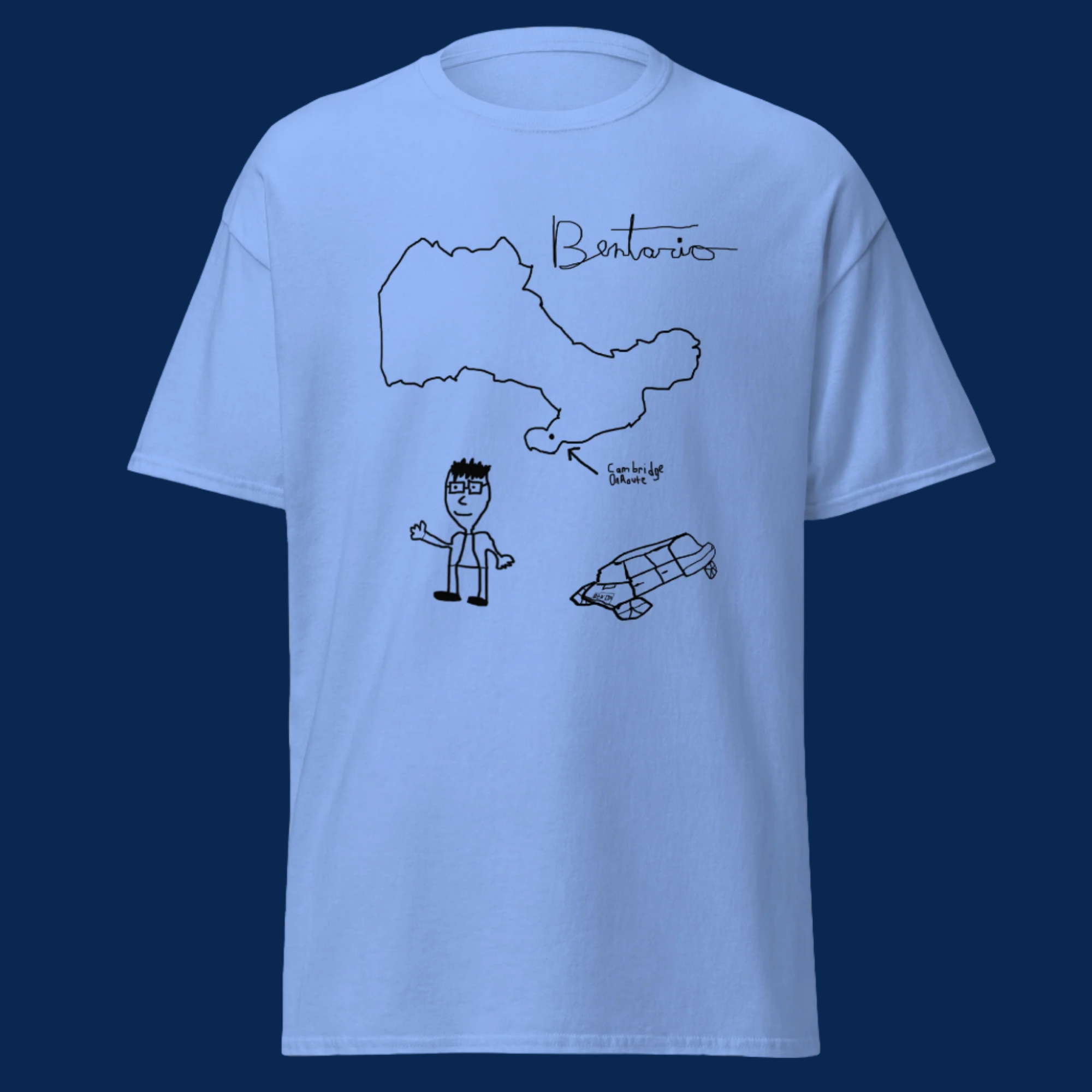 Premium creator merch tee showcasing hand-drawn Bentario artwork on comfortable blue fabric - Ben Stager style branding
