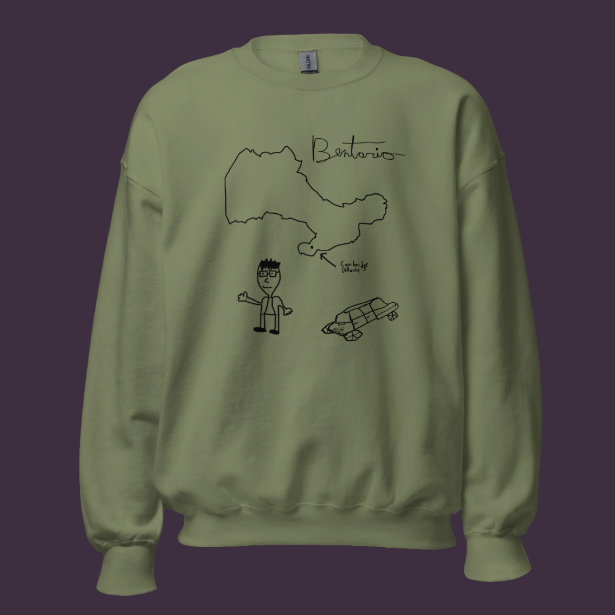 Bentario creator merch sweatshirt with minimalist black line art design on premium olive green fabric - ideal custom merch for YouTubers and podcasters like Ben Stager