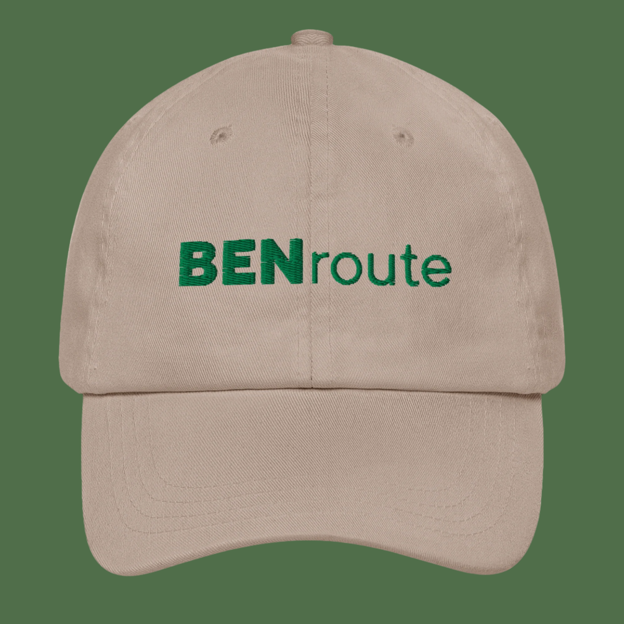 Custom creator merch dad hats showcasing BENroute branding in multiple colors including tan, green, white and black - premium embroidered caps ideal for YouTuber and podcaster merchandise collections