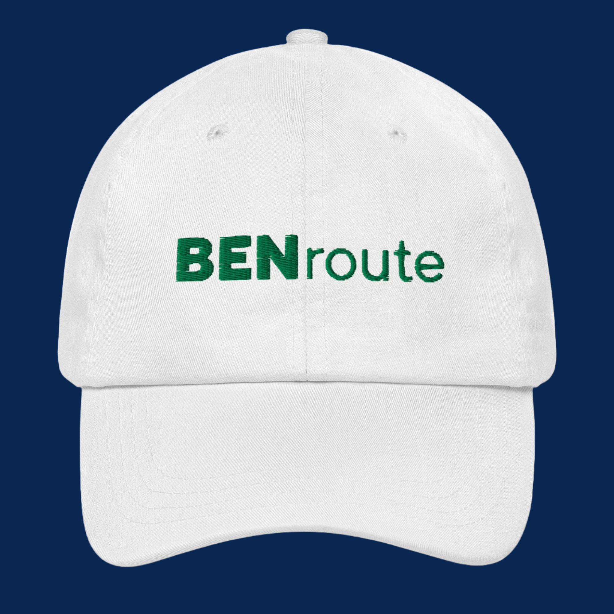 Custom creator merch dad hats showcasing BENroute branding in multiple colors including tan, green, white and black - premium embroidered caps ideal for YouTuber and podcaster merchandise collections