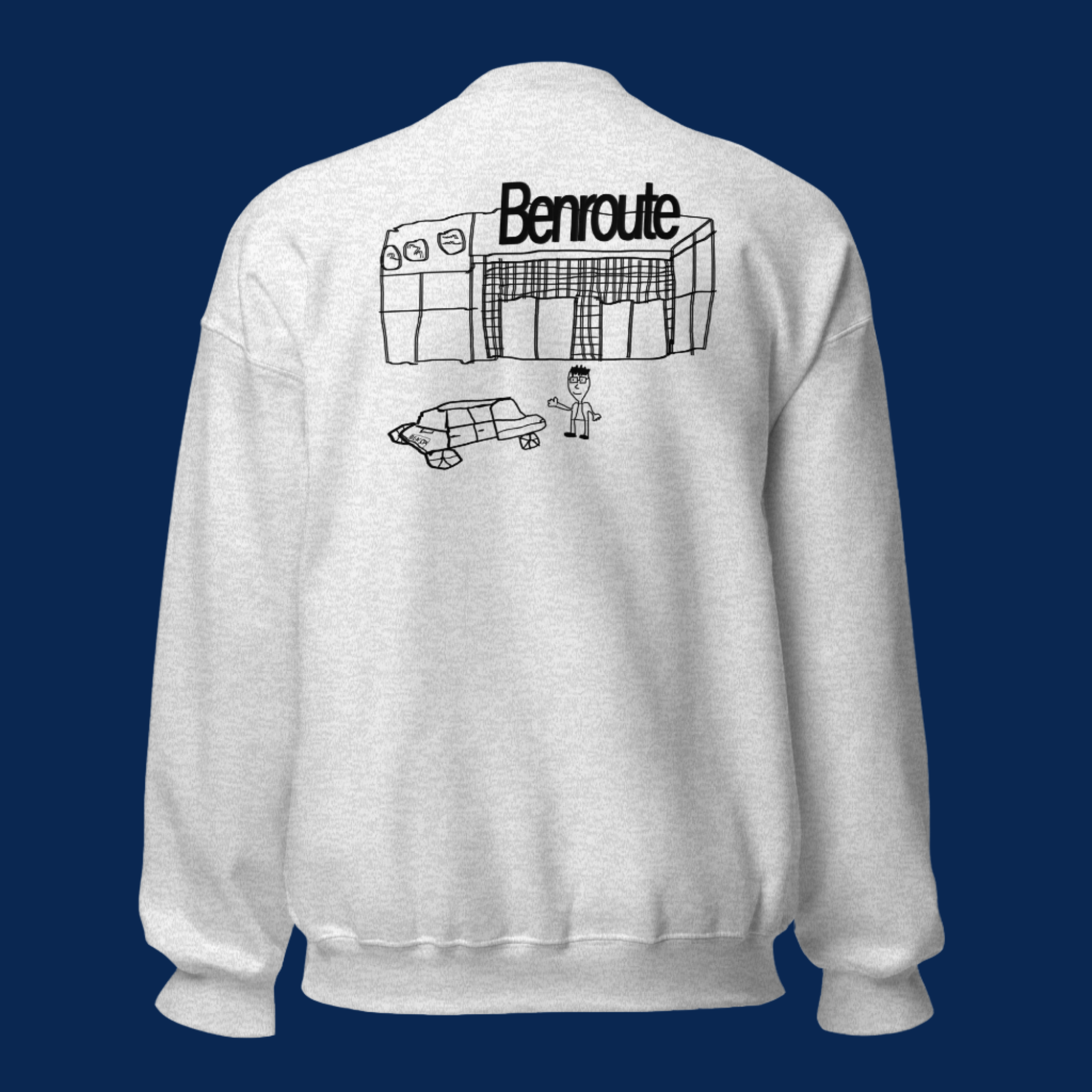 Ben Stager Toronto comedian merchandise - white Benroute sweatshirts with illustrated designs on the back. Heather grey crewneck sweater.