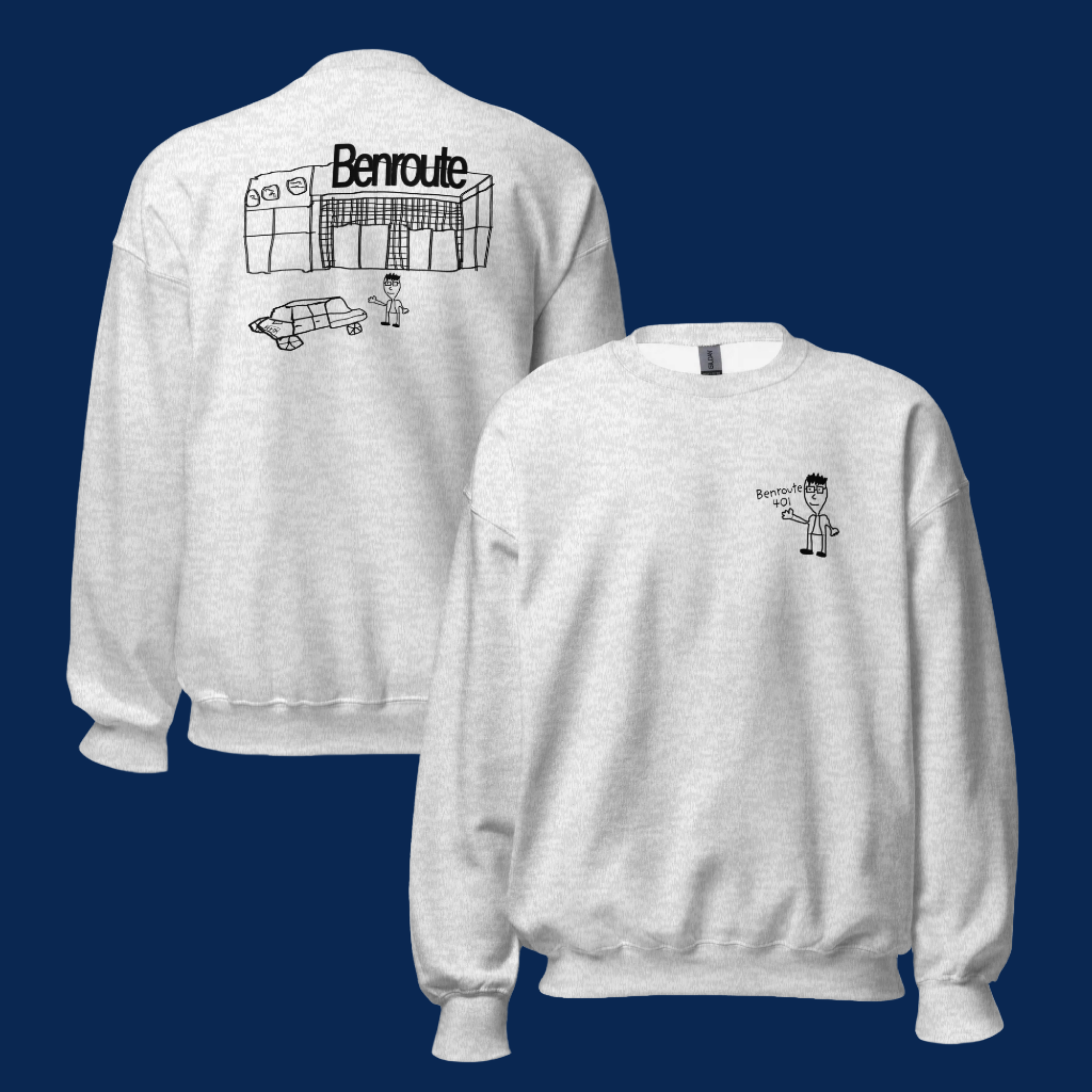 Toronto comedian Ben Stager merchandise featuring white sweatshirts with Benroute design - back shows line drawing of person outside Benroute building, front has small Benroute boy logo on left chest