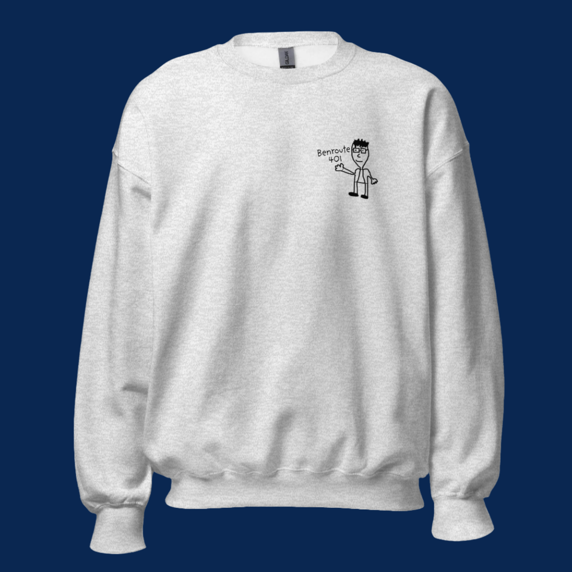 Toronto comedian Ben Stager Benroute branded apparel featuring artistic line drawings on grey sweatshirt