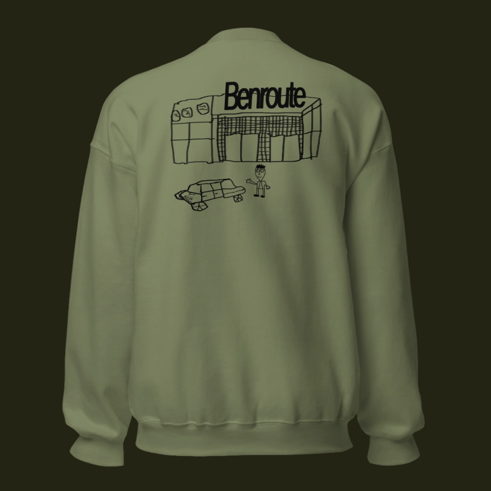 Ben Stager merchandise - olive green sweatshirts with Benroute design showing building illustration and logo. 