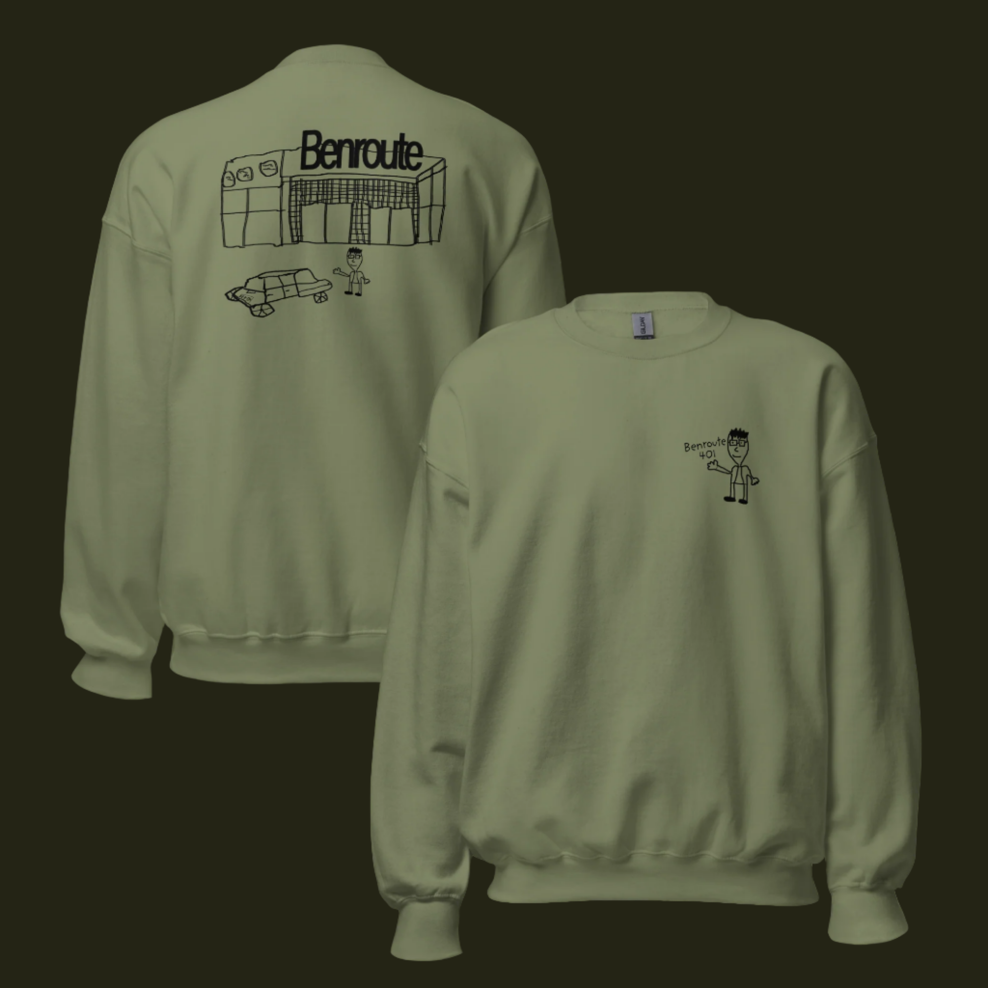 Ben Stager comedy merchandise - olive Benroute sweatshirts featuring building and figure illustrations. Custom creator merchandise.