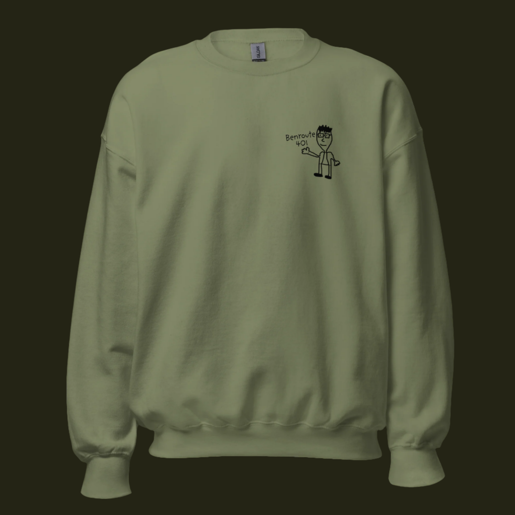 Benroute Toronto comedian merchandise by Ben Stager - olive green sweatshirts with custom artwork