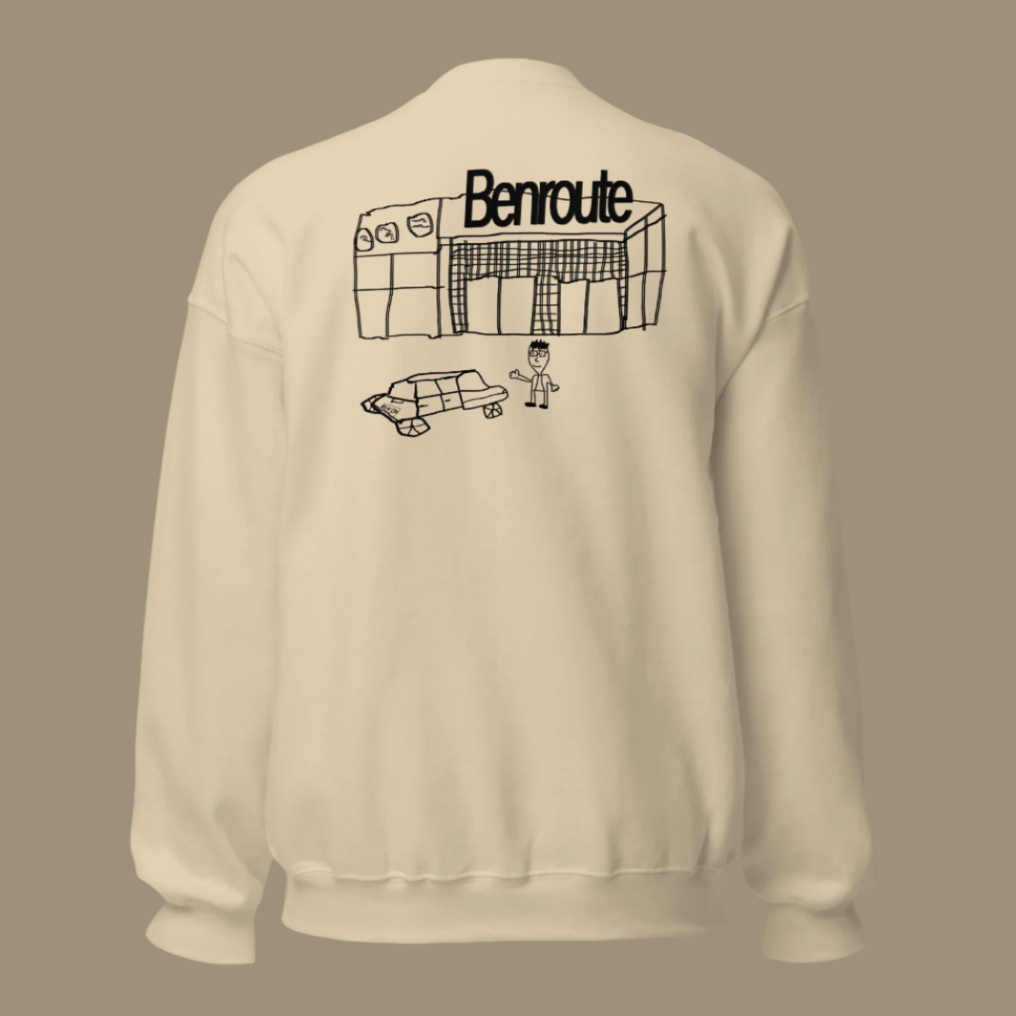 Ben Stager comedian merchandise Benroute design white sweatshirts with character illustrations in sand color.