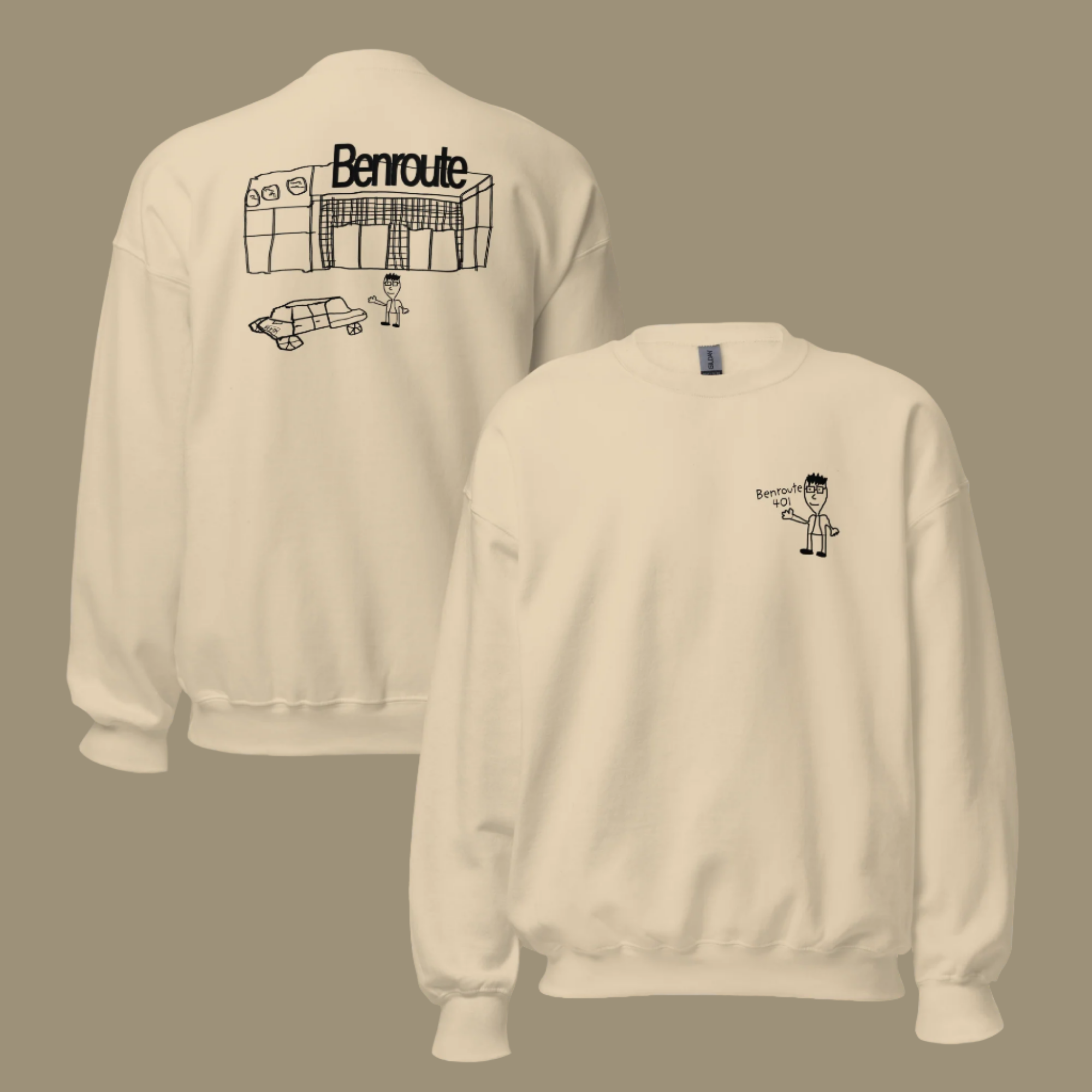 Ben Stager comedian merchandise Benroute design white sweatshirts with character illustrations in sand color.
