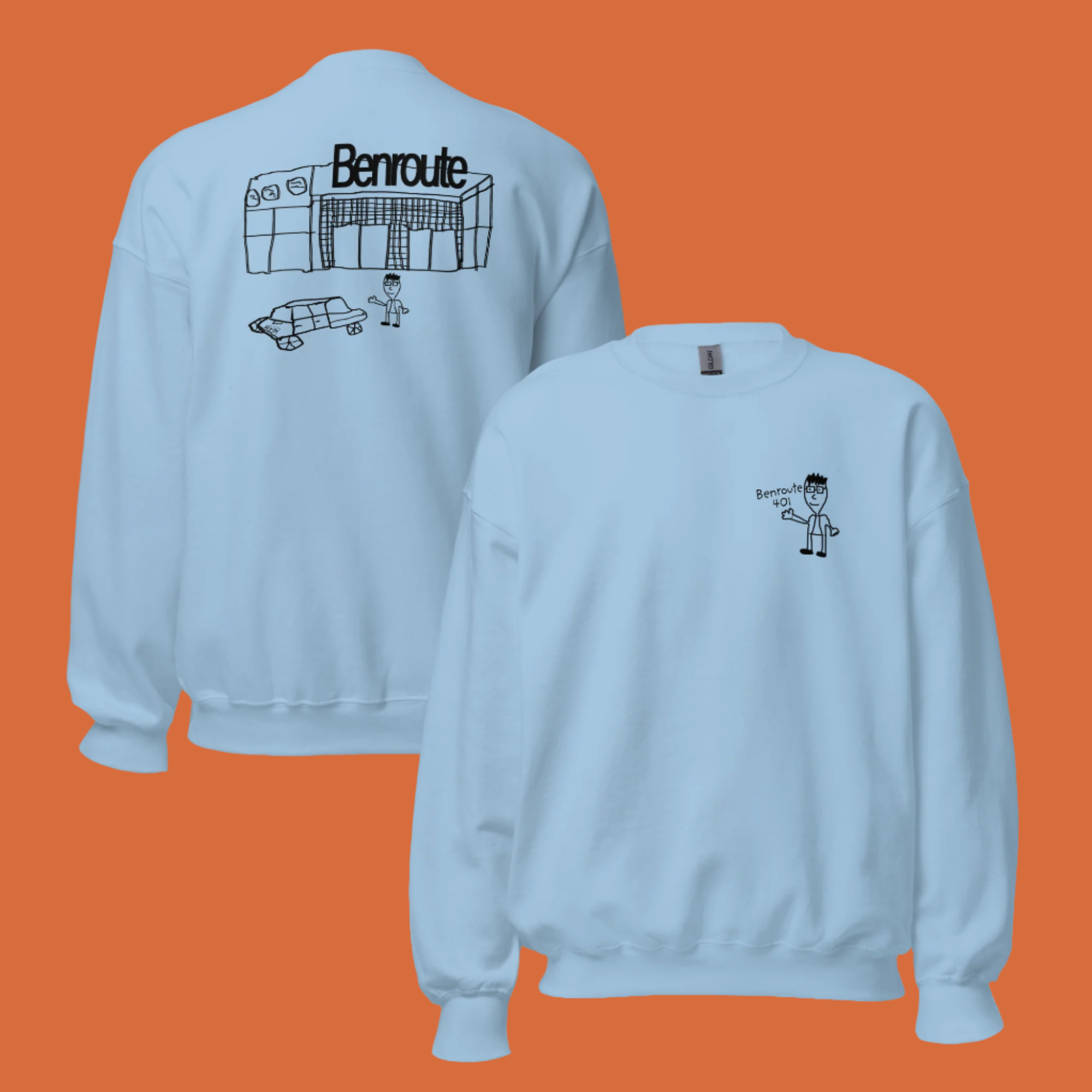 Toronto comedian Ben Stager Benroute brand merchandise sky blue sweater with custom design art