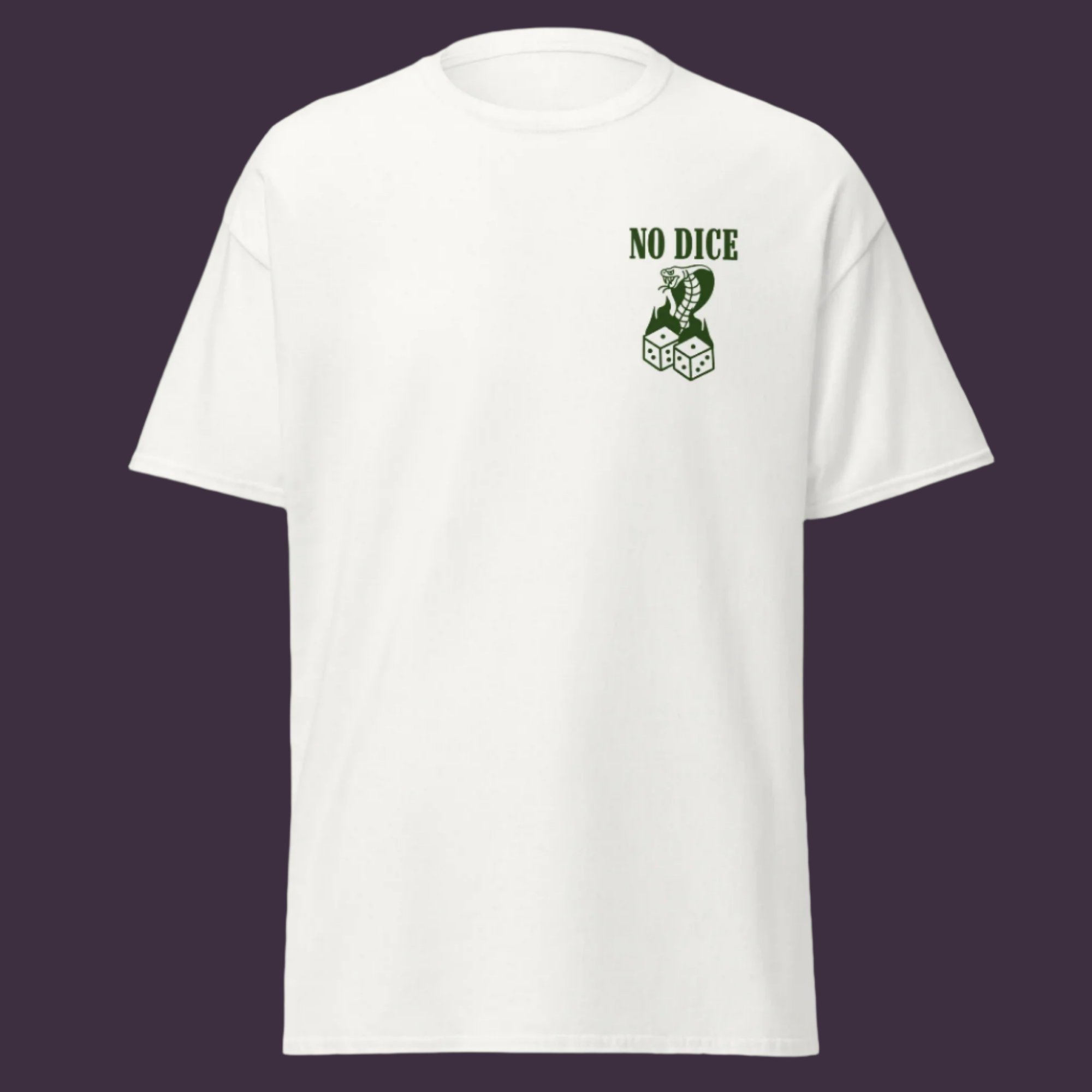 Designer Aaron Doucet's collaboration tee with amuse market featuring NO DICE wording above an illustration of a cobra and 2 dice.