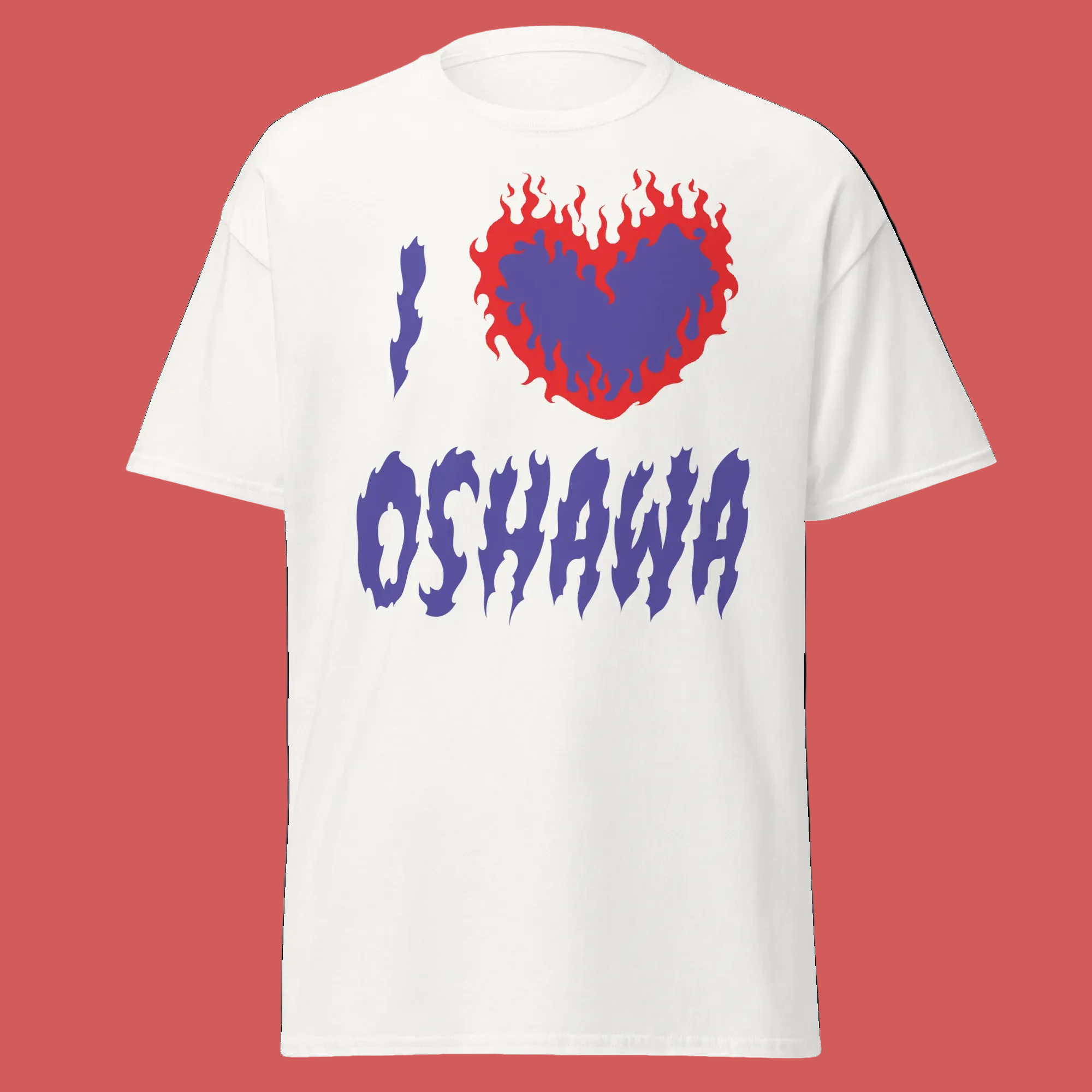 White t-shirt with a red heart and blue text on a white background