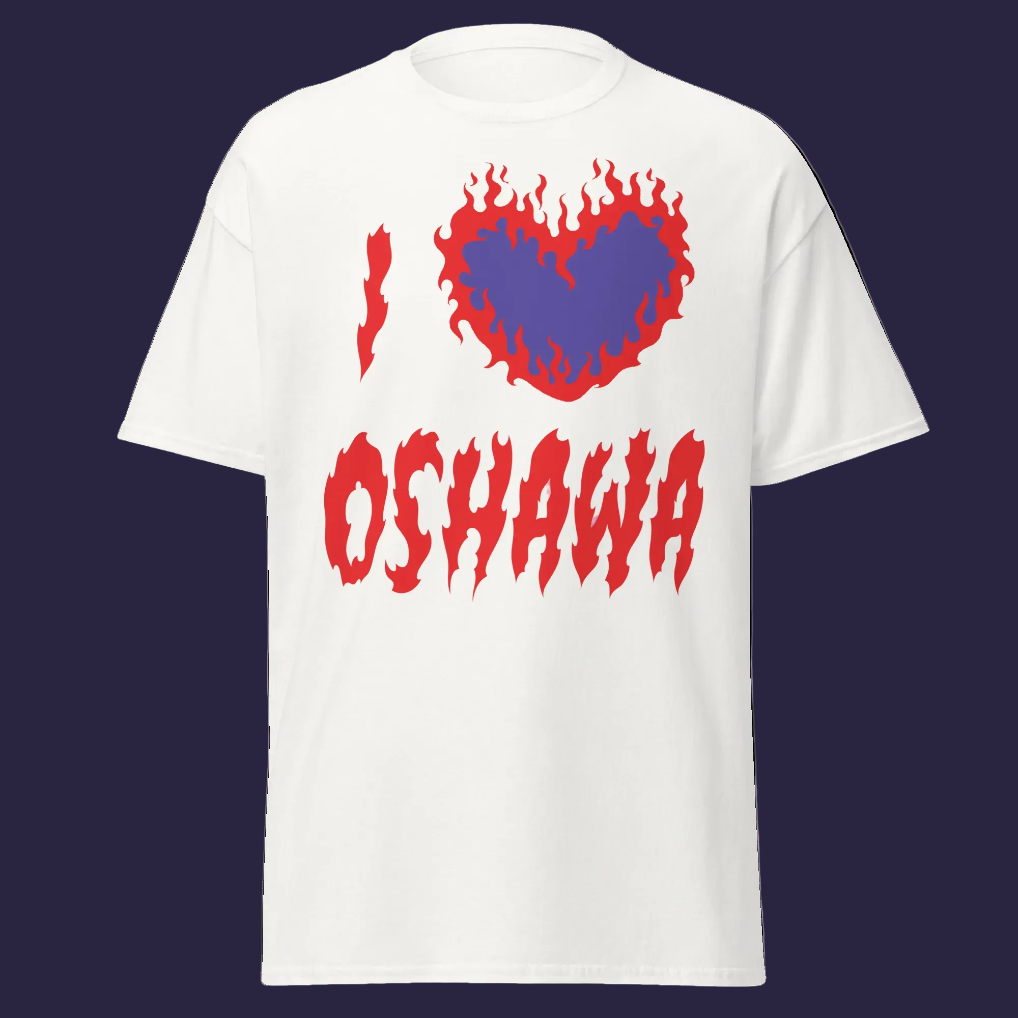 White t-shirt with red text and blue heart graphic on a white background
