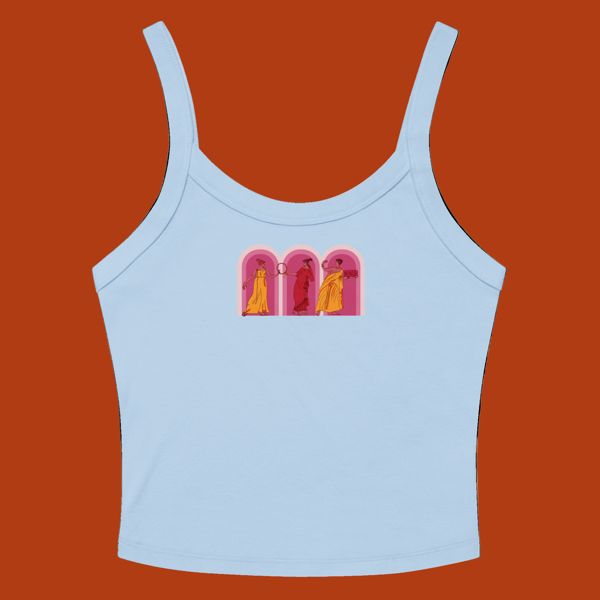 Light blue tank top featuring three arched windows with golden figures in classical poses against pink backgrounds.