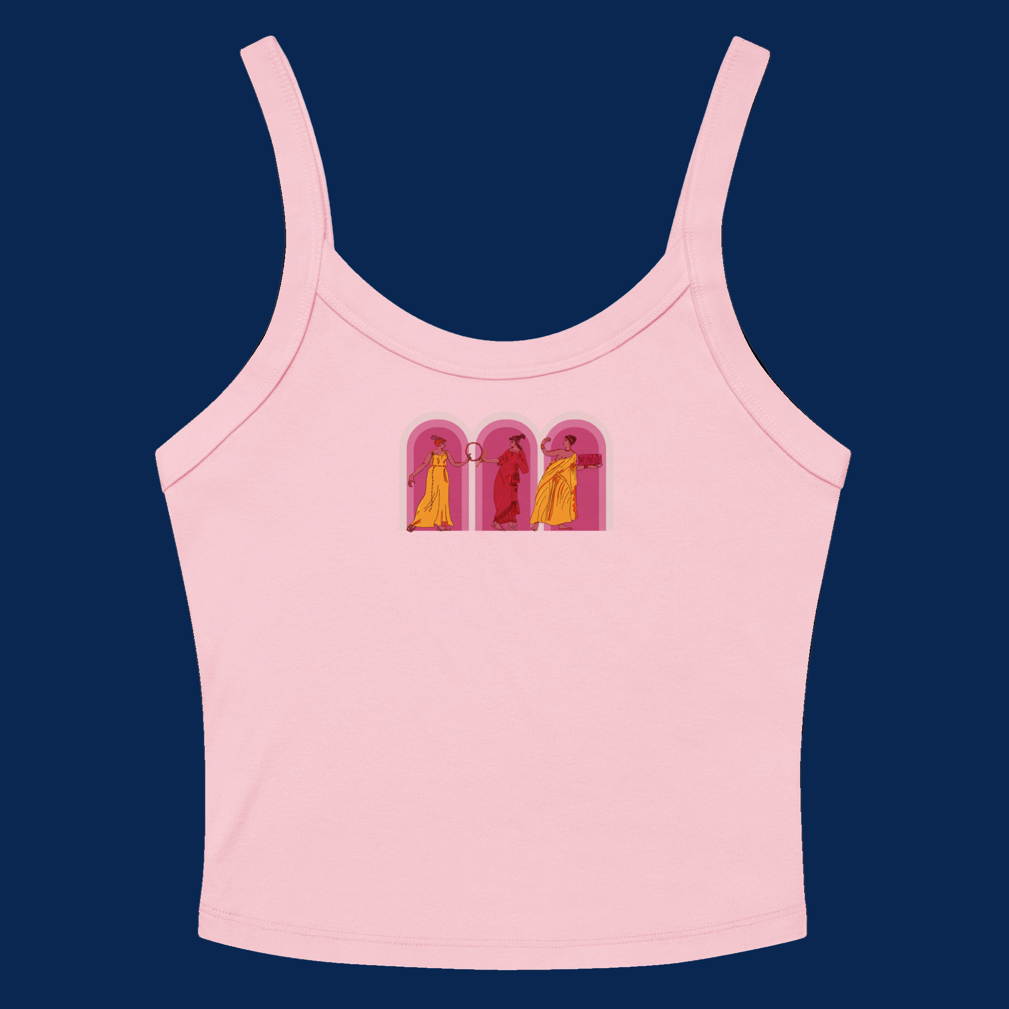Soft pink tank with dreamy illustration of three portal-like arches containing ethereal golden figures against dusty rose backgrounds