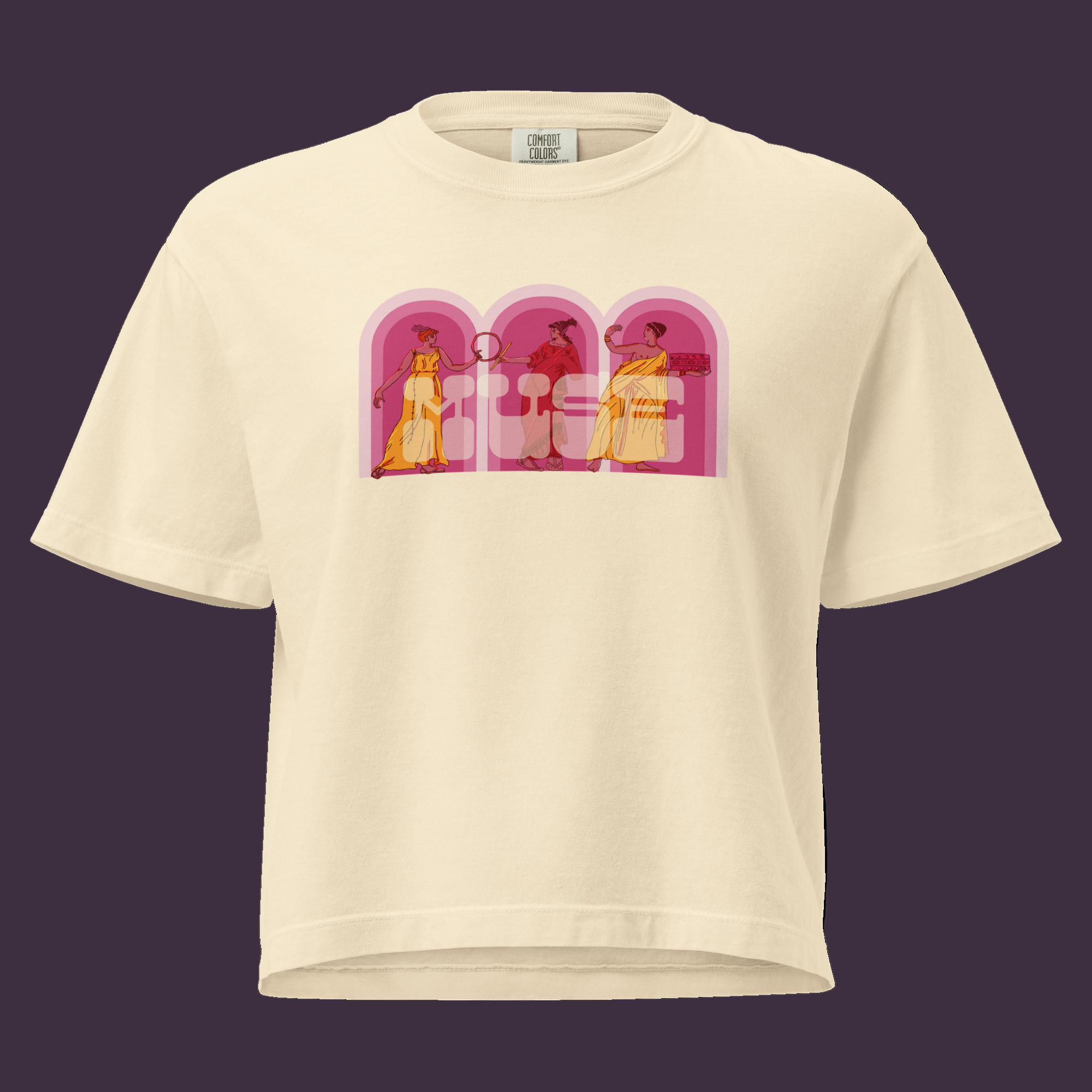 Ivory oversized crop top displaying triptych artwork of draped figures in yellow garments within rose-colored archways, with "muse" watermark