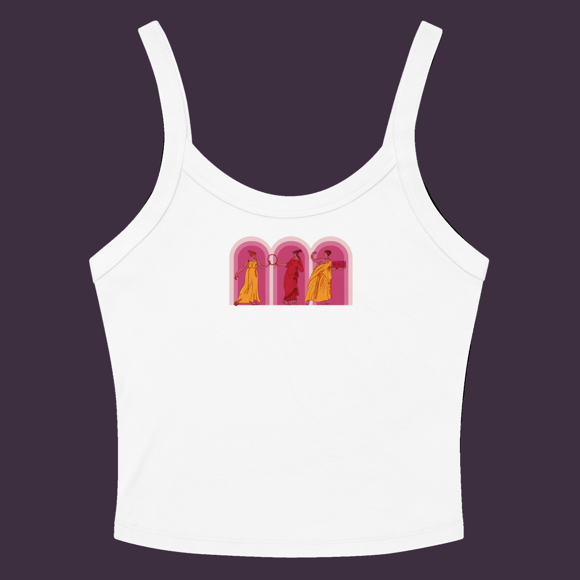 White tank top flat lay with pink and yellow graphic design featuring three arched windows and greek inspired women in front.