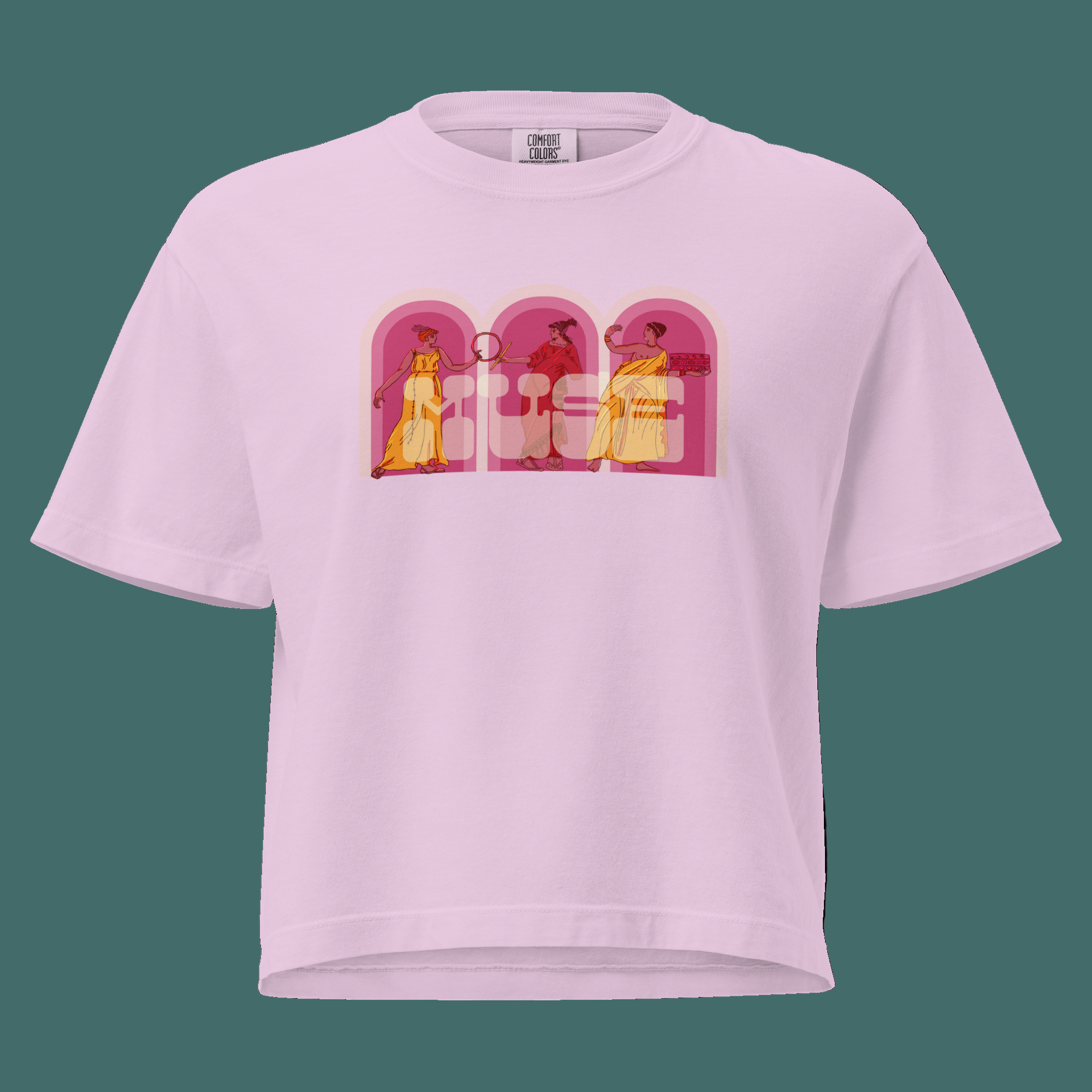 Soft pink cropped t-shirt with three arched graphics featuring classical figures in golden robes, overlaid with translucent "muse" text