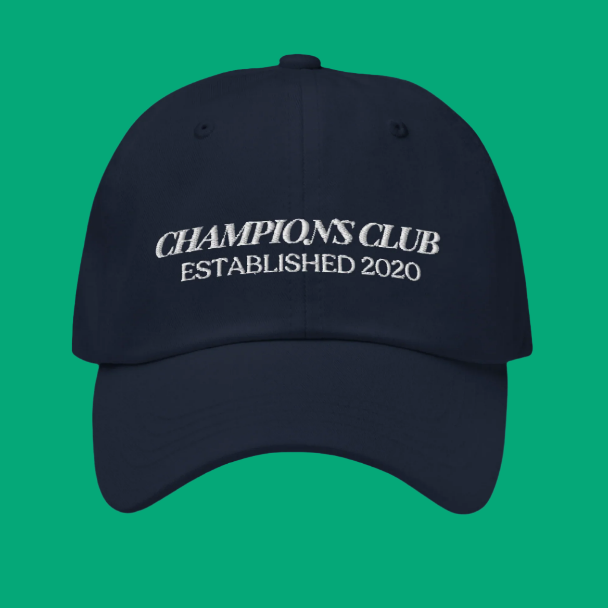 Champions Club structured navy blue athletic cap with embroidered motivational design, front view celebrating Jenny West's win on MTV The Challenge.