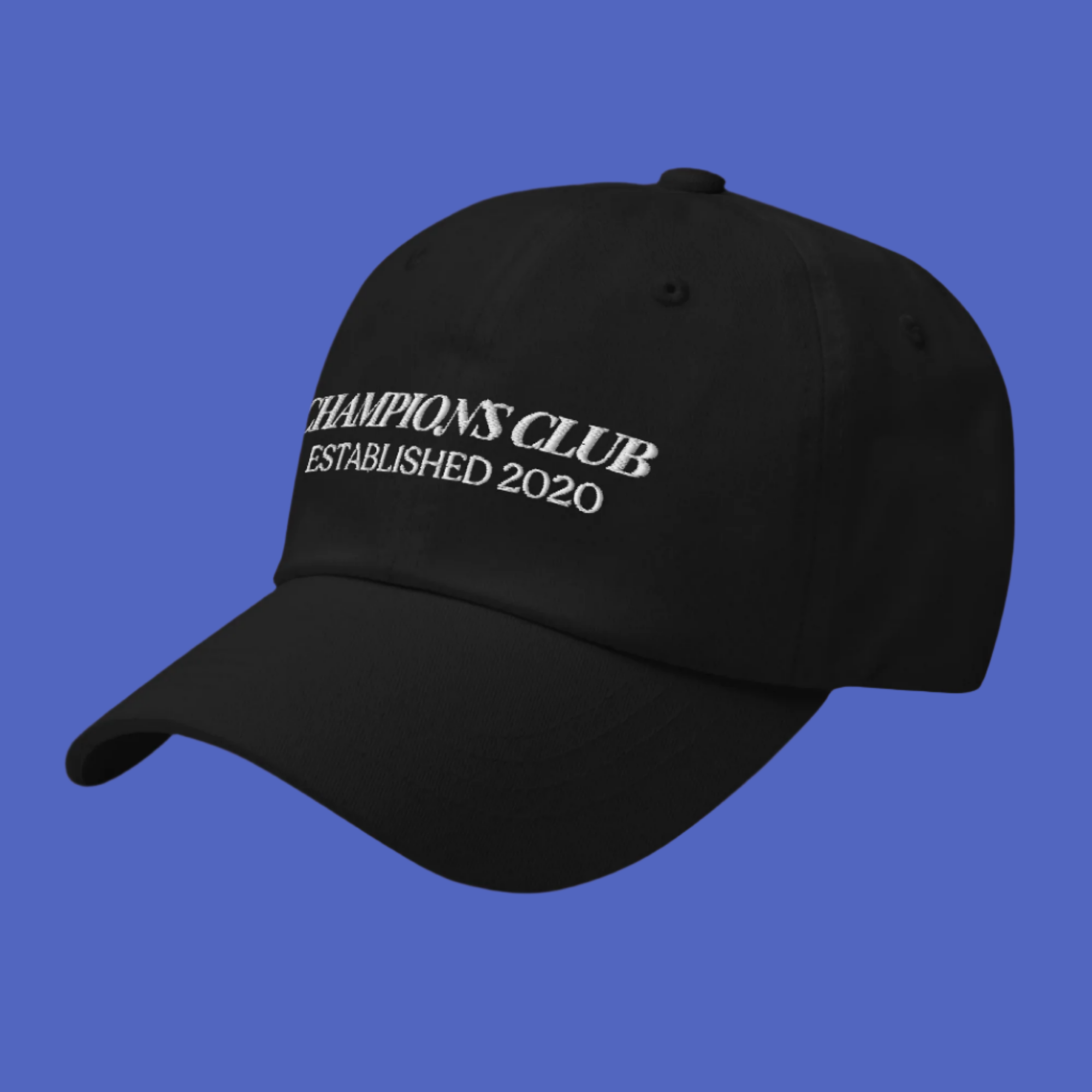 Champions Club structured black athletic cap with embroidered motivational design, front view celebrating Jenny West's win on MTV The Challenge.