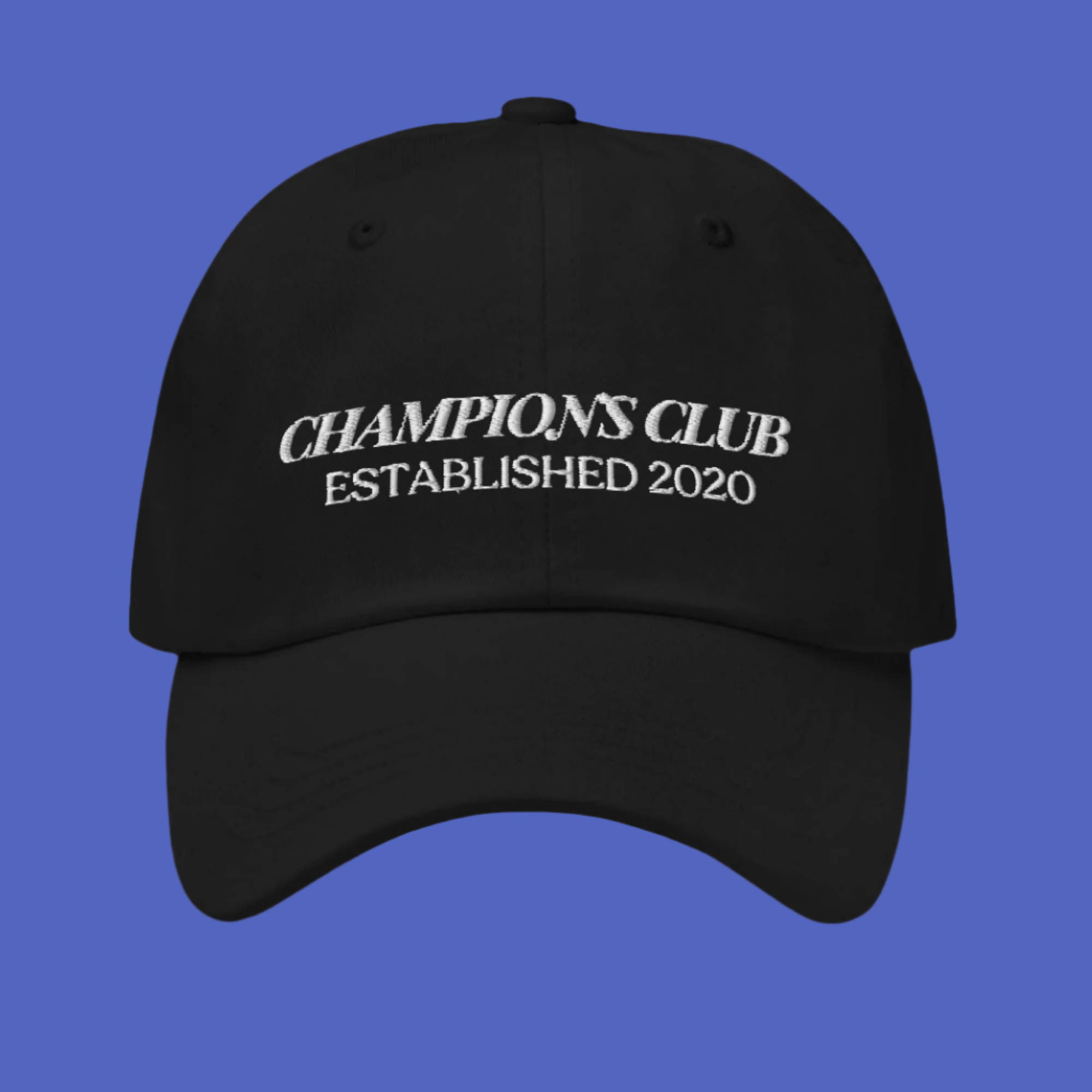 Champions Club structured black athletic cap with embroidered motivational design, front view celebrating Jenny West's win on MTV The Challenge.