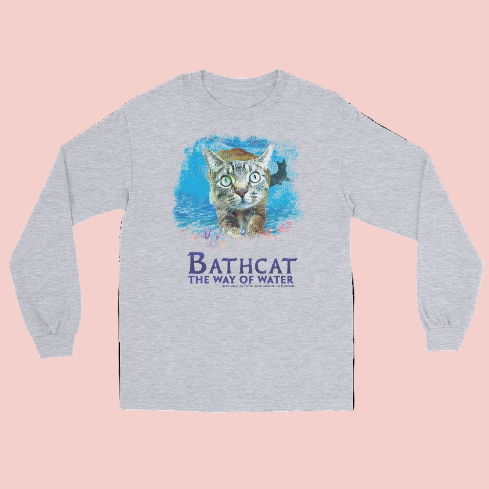 Gray long-sleeve shirt with a cat graphic and 'Bathcat' text on a white background