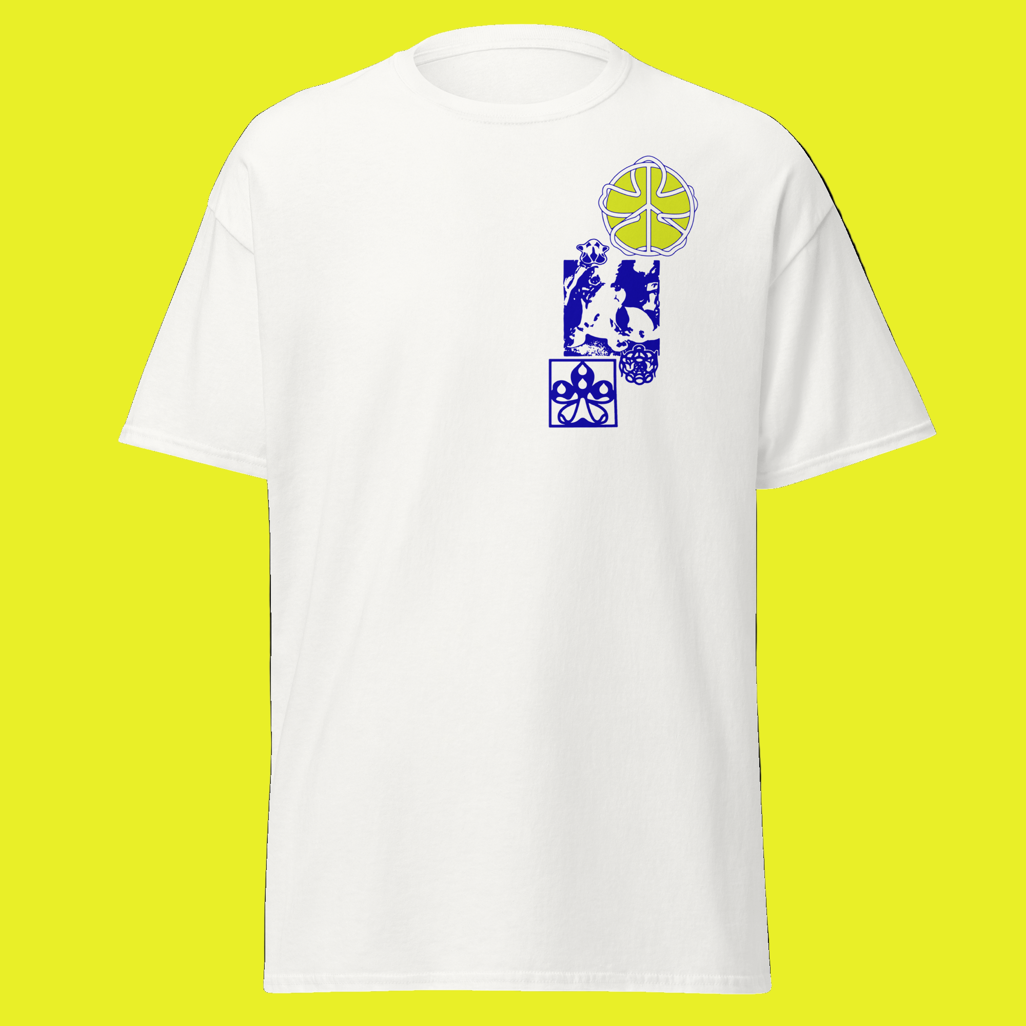 White t-shirt with a colorful graphic design on a white background. It is abstract, negative space art that is primarily blue with a hint of yellow.