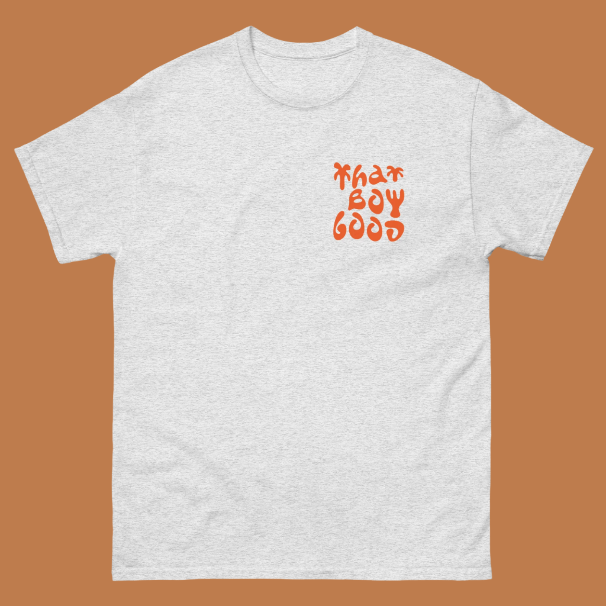Retro-style "That Boy Good" Sam Burns comedy t-shirts in black, white, tan, and heather gray - premium custom merch collection for stand-up comedians and content creators launching their brand