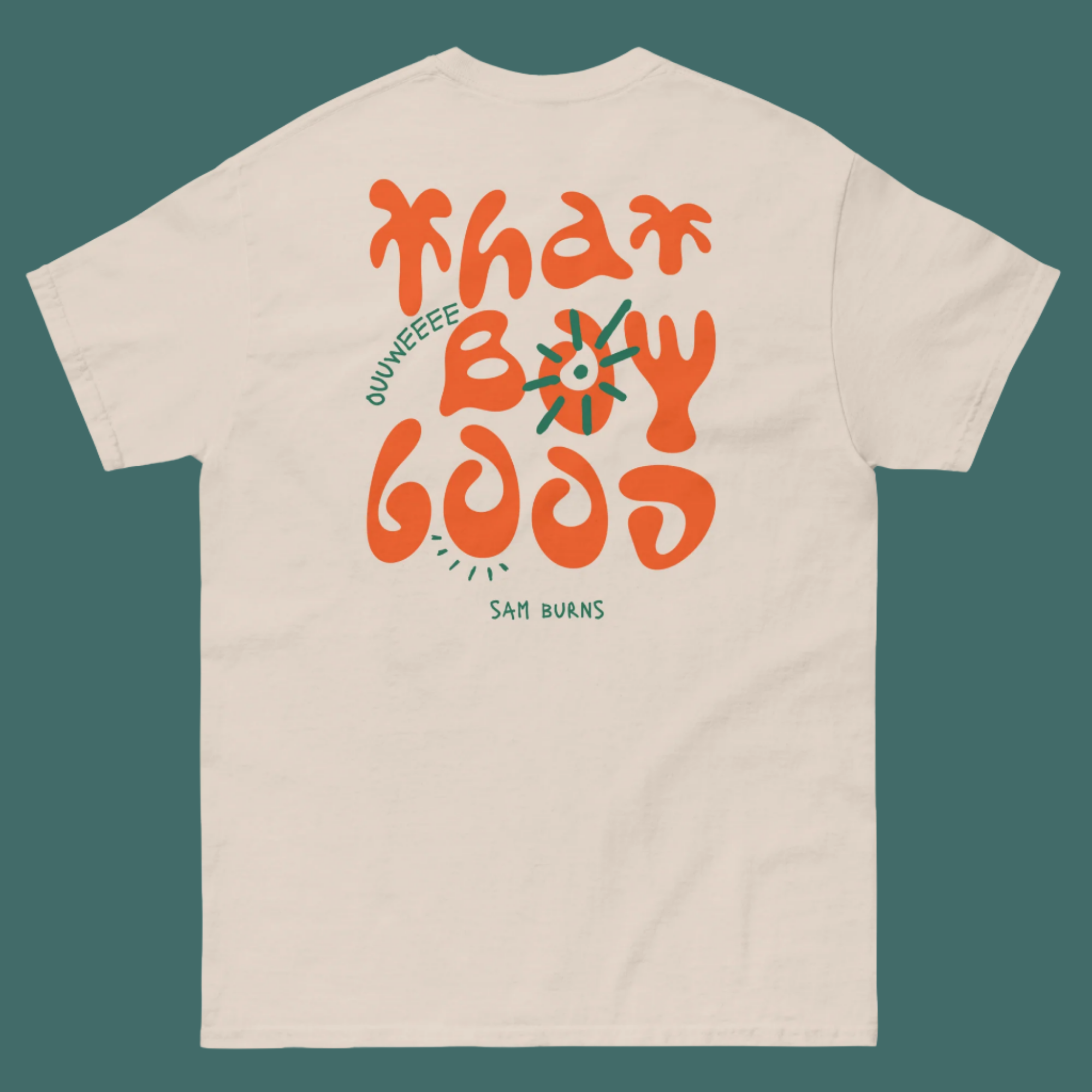 Sam Burns comedy merch featuring "That Boy Good" vintage typography t-shirts available in multiple colors - ideal custom creator merchandise for comedians and entertainers looking to build their brand identity and connect with audiences