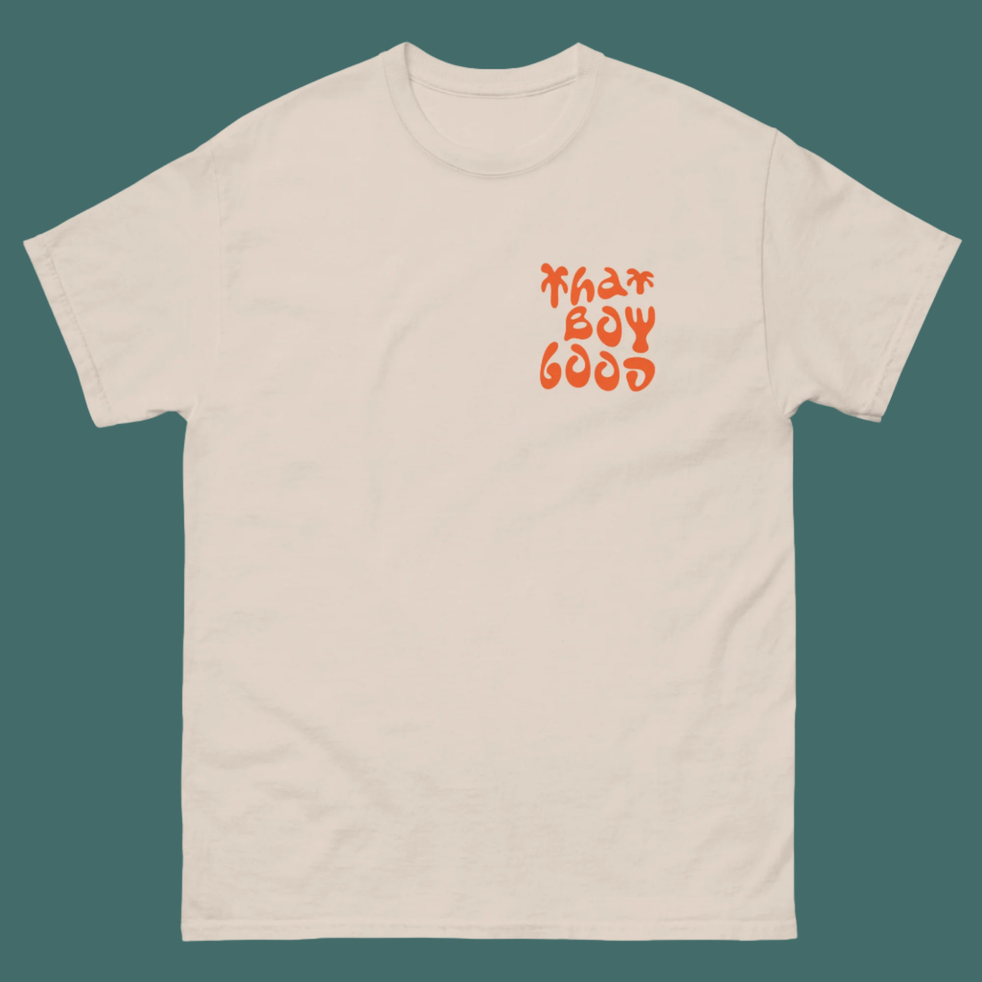 Custom creator merchandise t-shirt collection by comedian Sam Burns featuring "That Boy Good" design in retro orange font on black, white, tan, and heather shirts - perfect comedy brand apparel for content creators