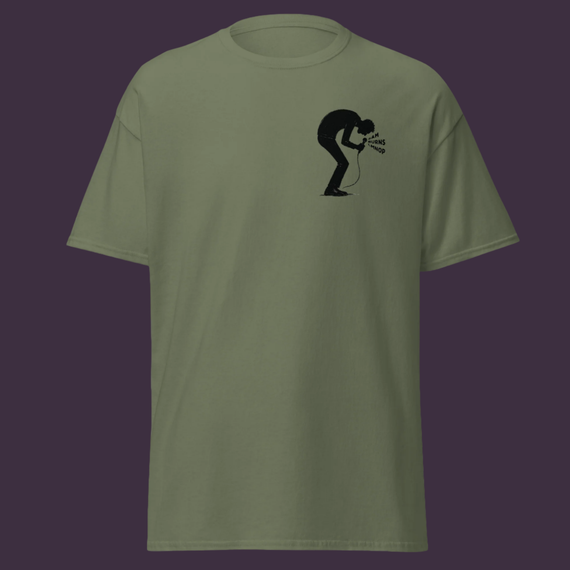 Sam Burns comedy merch olive green t-shirt featuring black silhouette graphic of Sam's iconic hunched pose with "Sam Burns LMNOP" text - minimalist custom creator merchandise perfect for comedian brand apparel