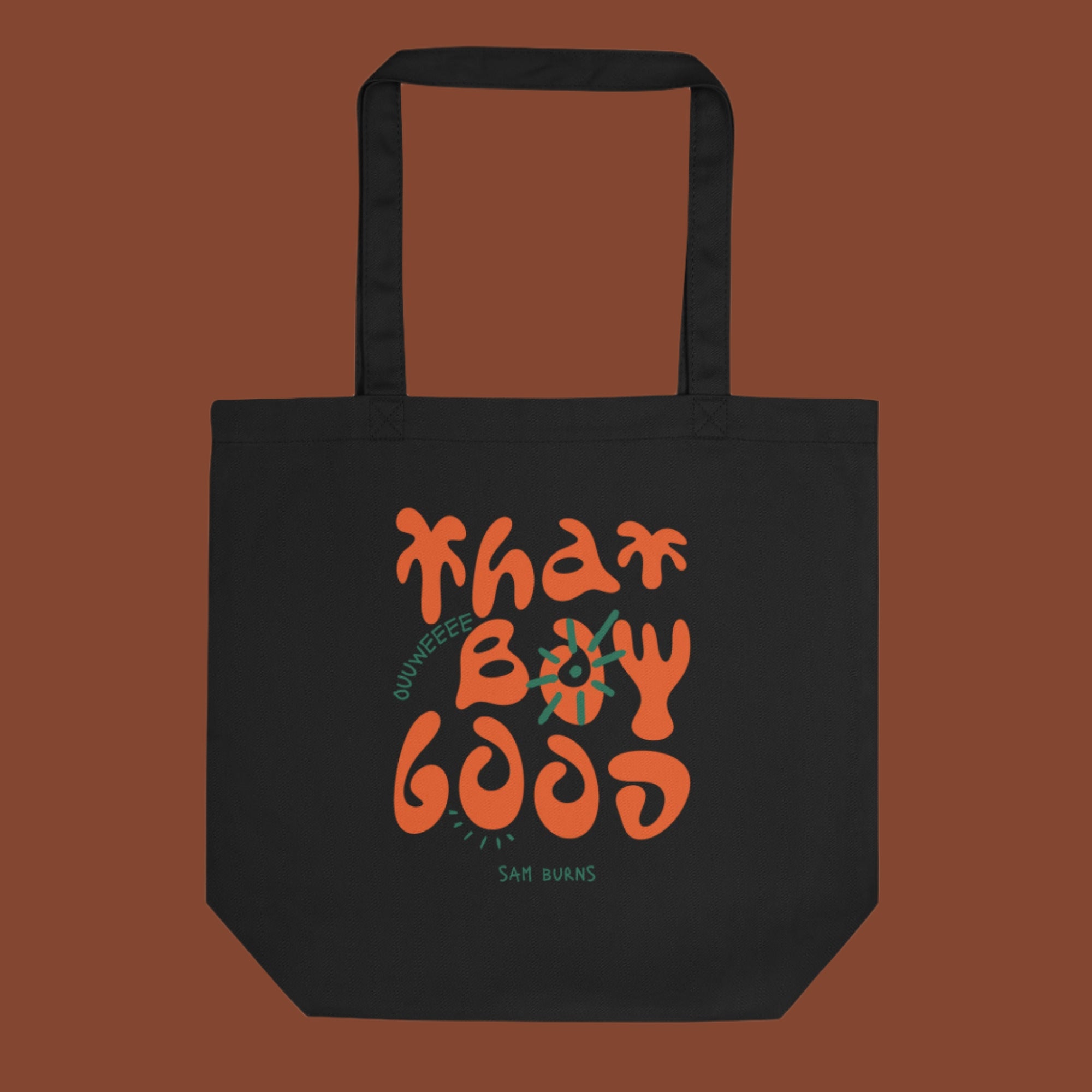 "That Boy Good" Sam Burns comedy brand tote bag with vintage orange typography design - custom creator merchandise perfect for building comedian audience connection