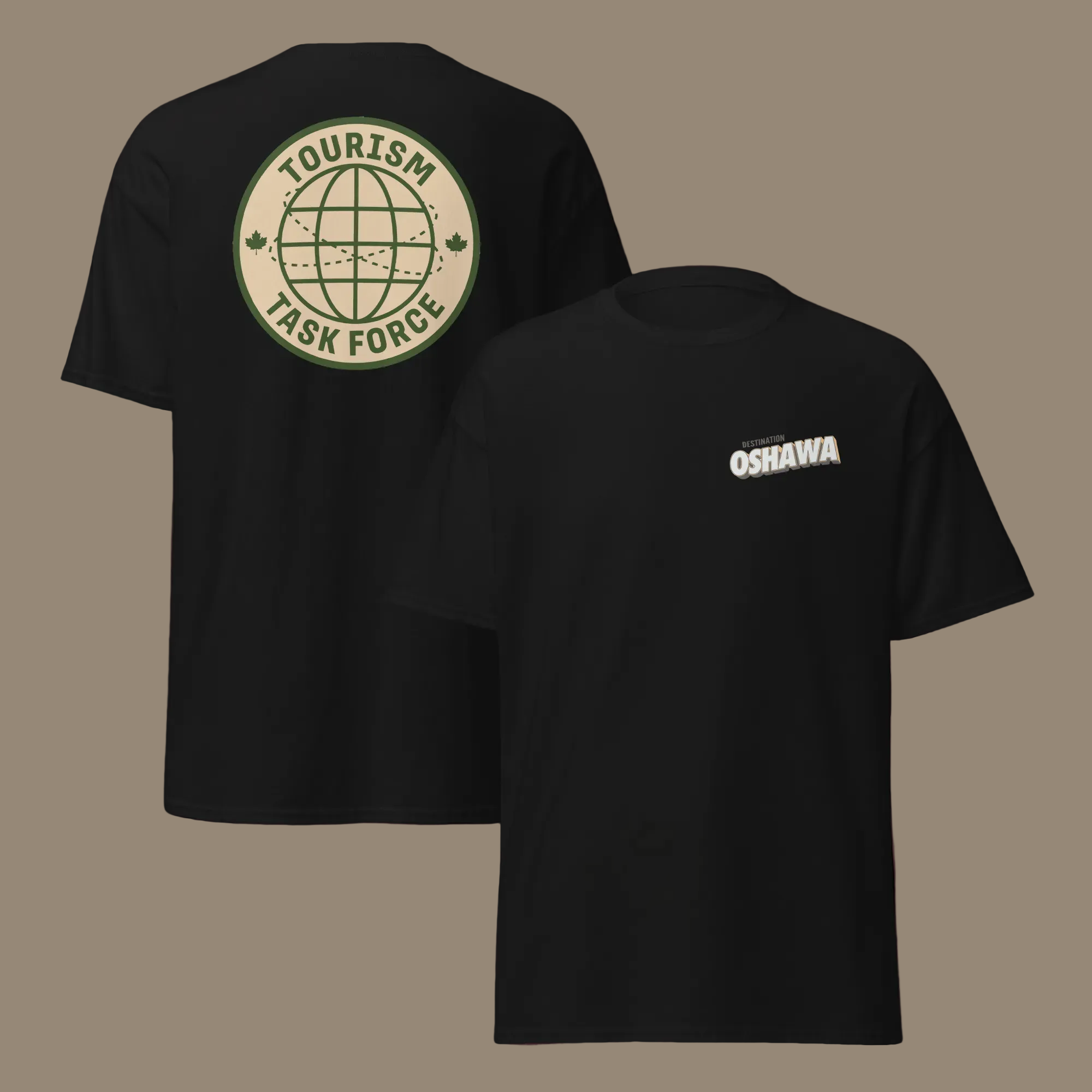 Black t-shirt with 'Tourism Task Force' logo on the back and 'Oshawa' text on the front, displayed on a white background.