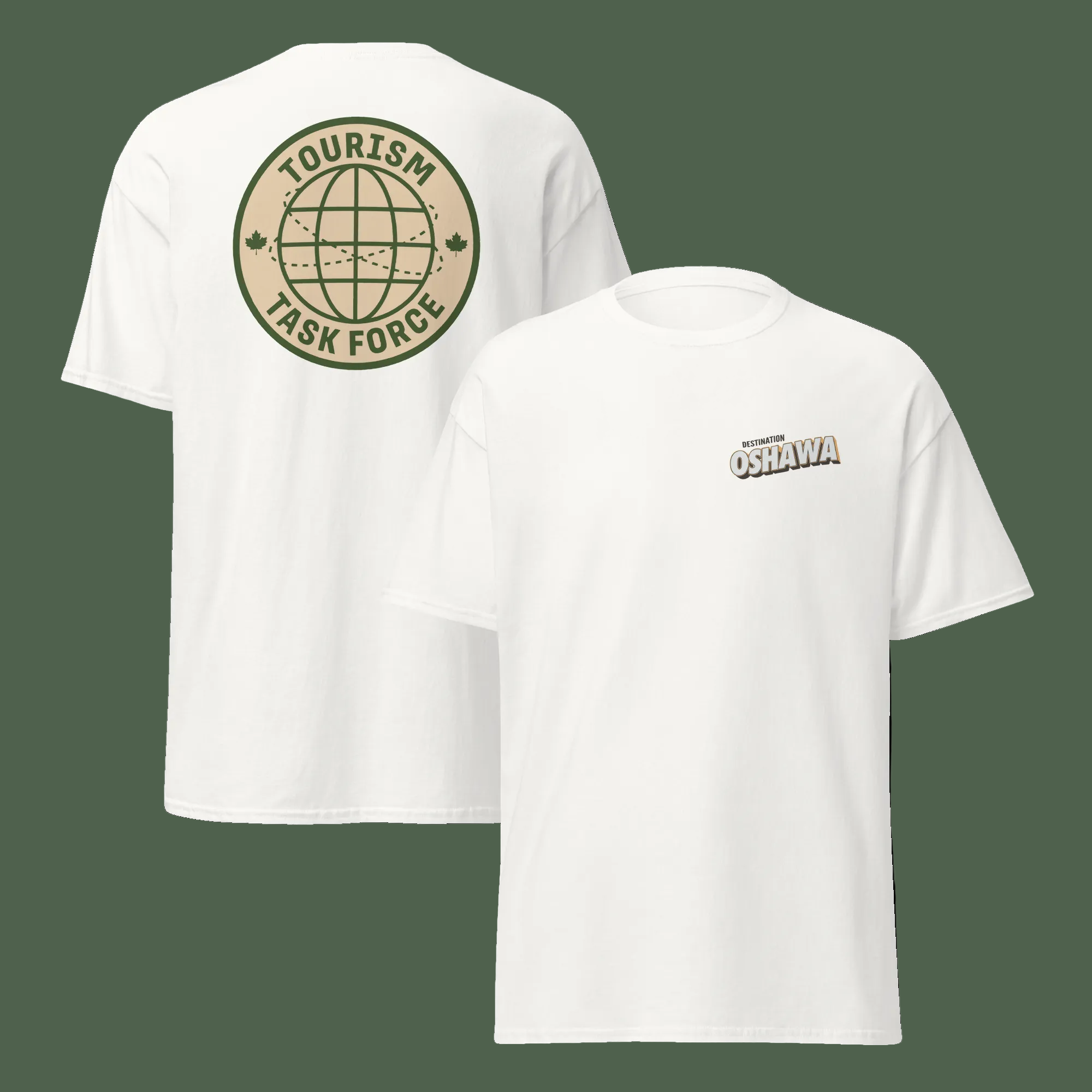 White t-shirt with 'Tourism Task Force' graphic on front and 'Oshawa' text on back, displayed on a white background.