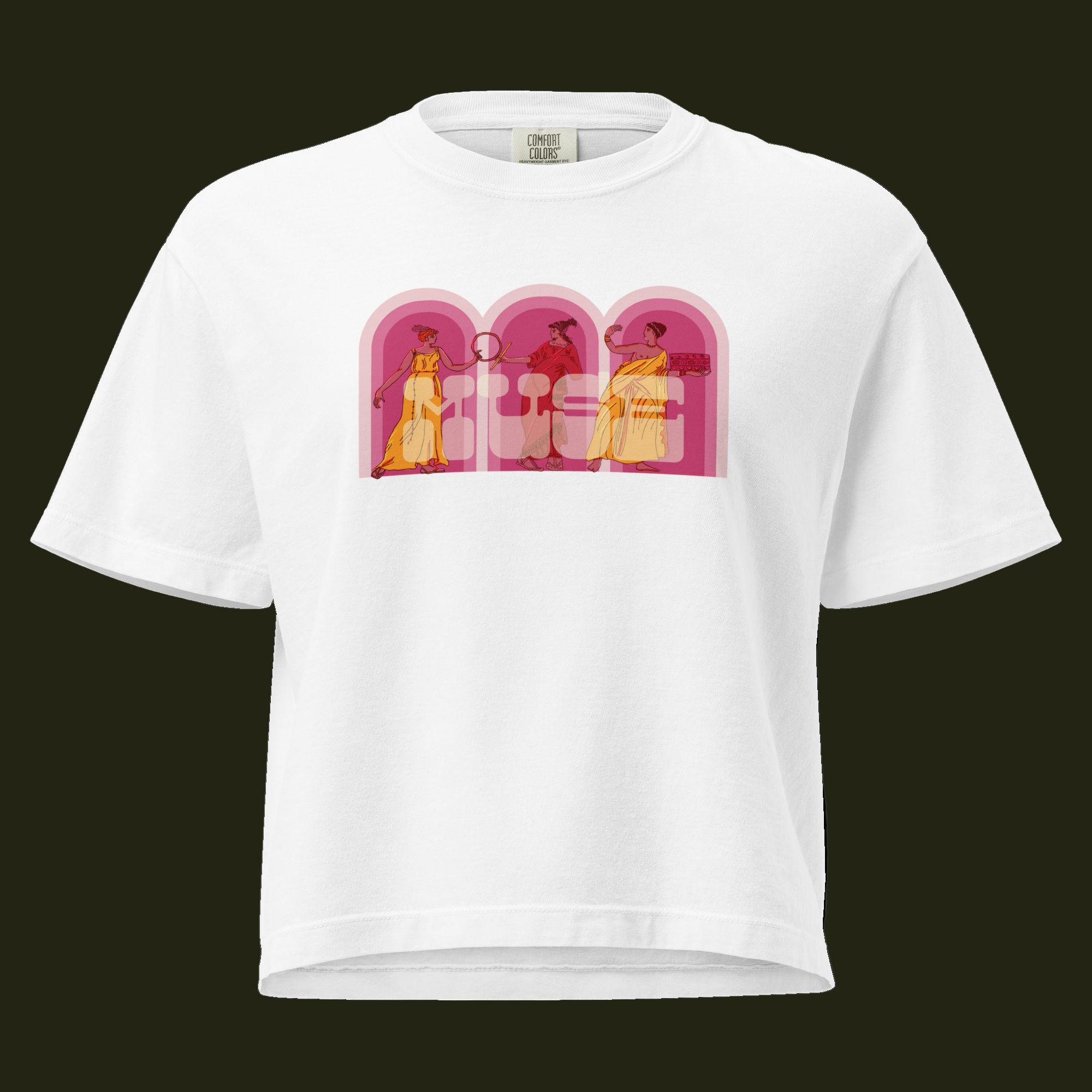 White boxy t-shirt with graphic design of three arches containing golden figures and "muse" text overlay